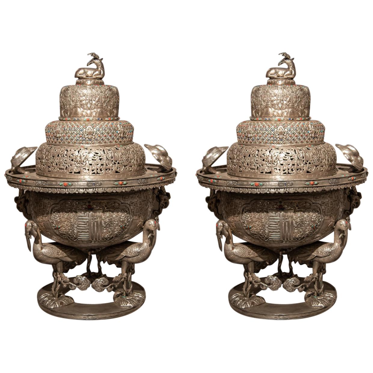 Exceptional Pair of Sino-Mongolian Silvered Copper Incense Burners