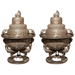 Exceptional Pair of Sino-Mongolian Silvered Copper Incense Burners