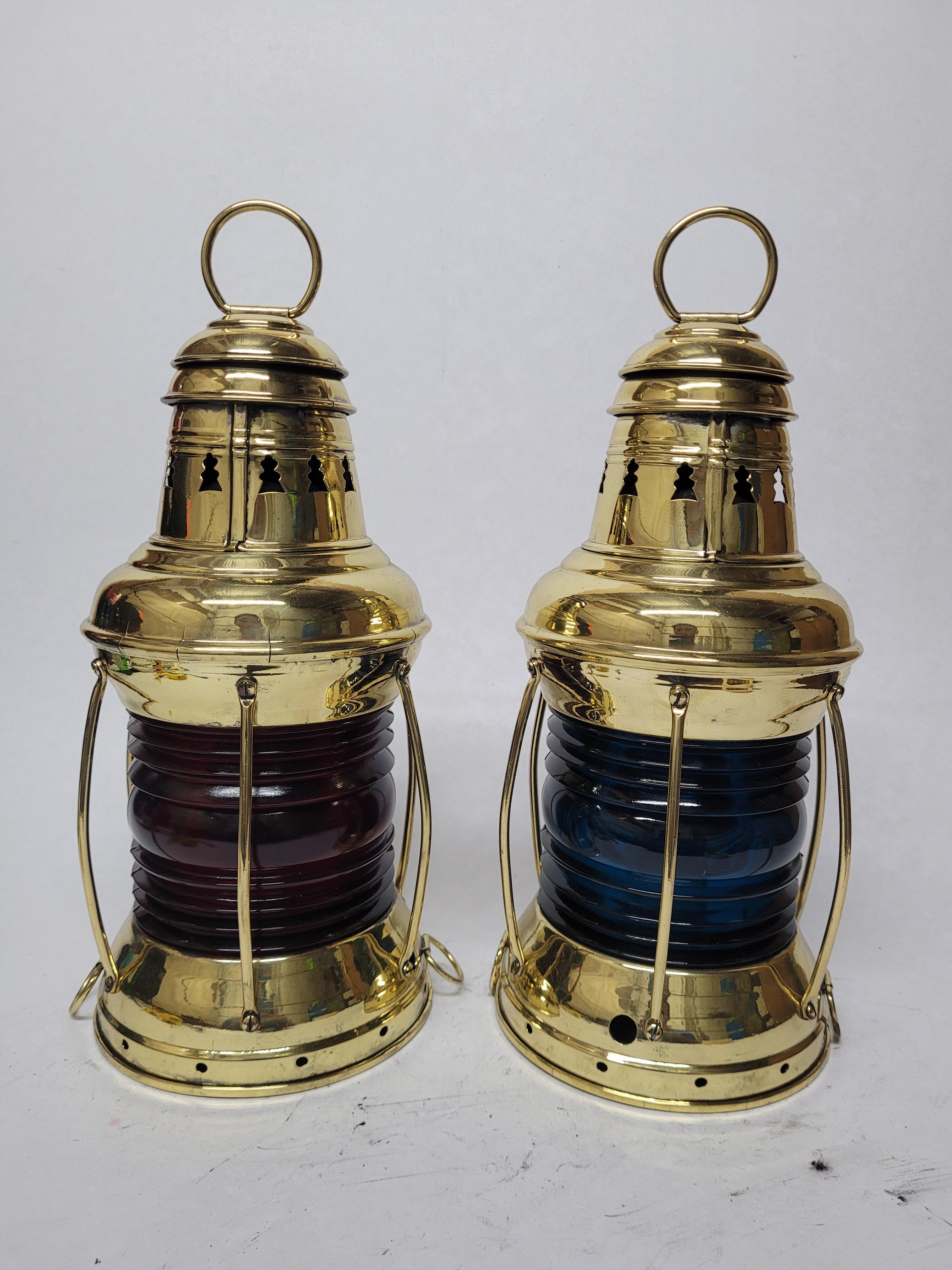 Exceptional Pair of Solid Brass Ships Lanterns For Sale 1