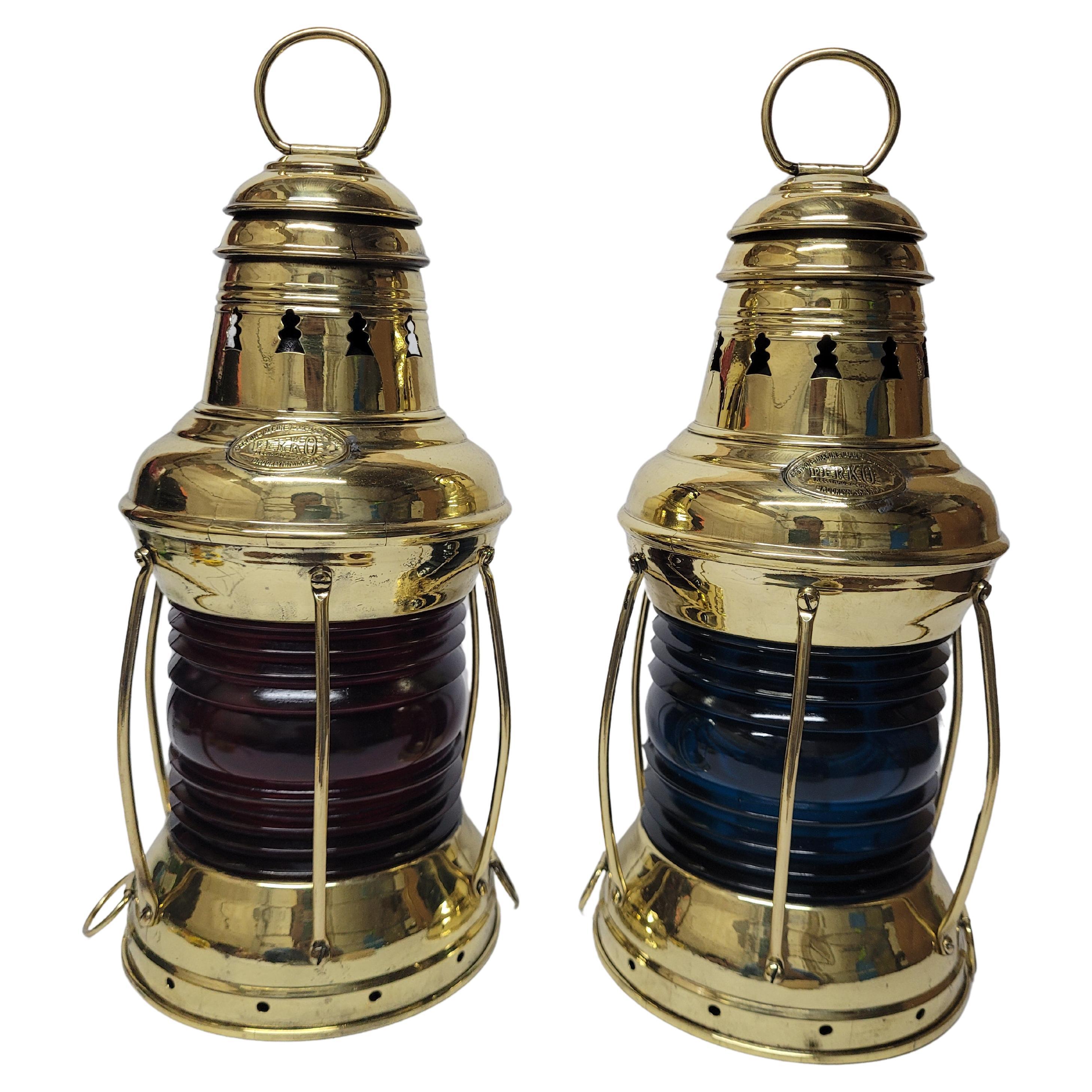 Exceptional Pair of Solid Brass Ships Lanterns For Sale