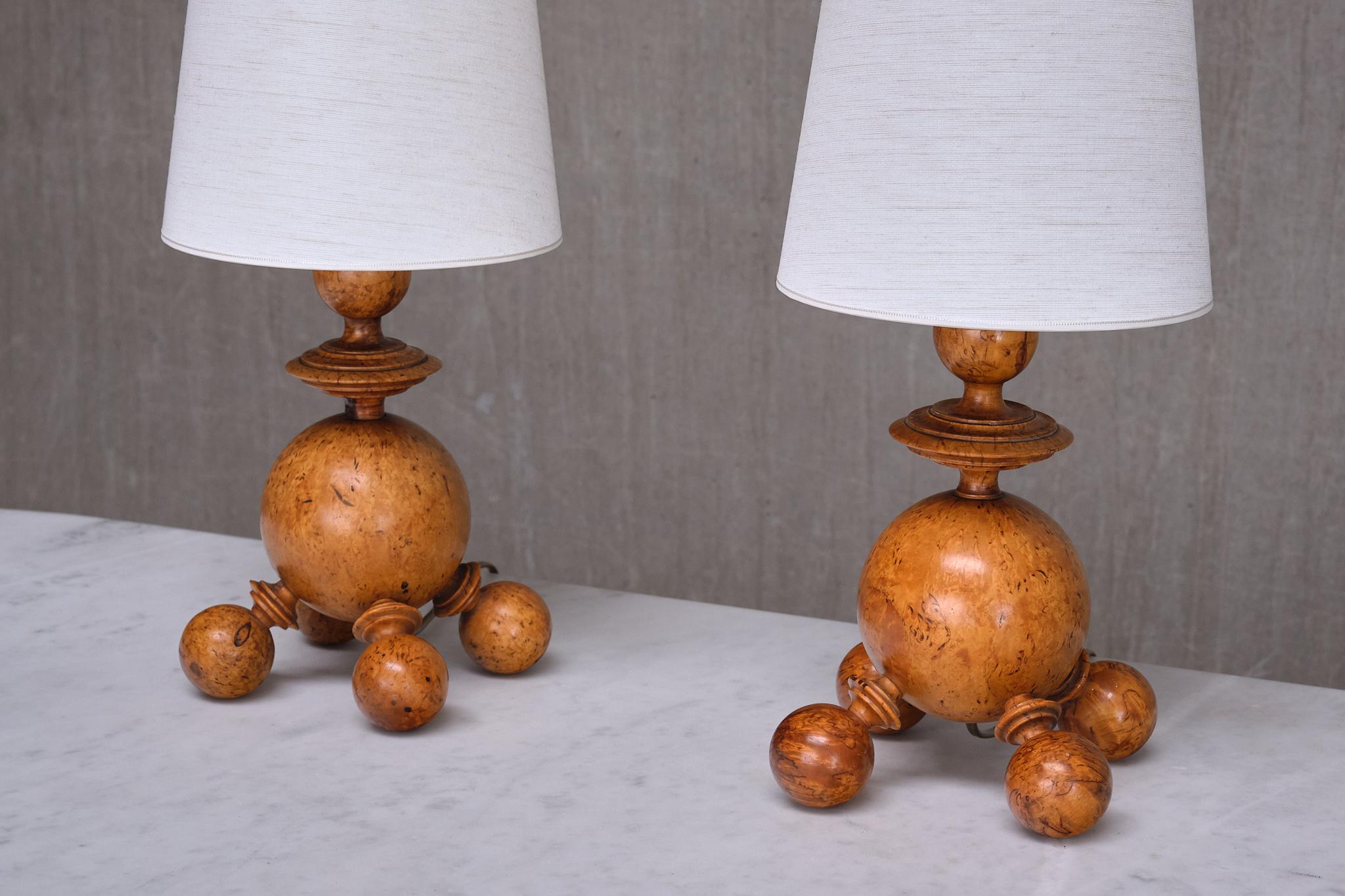 Mid-20th Century Exceptional Pair of Swedish Modern Table Lamps in Turned Masur Birch, 1930s