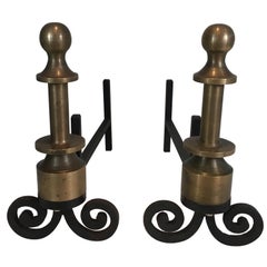 Exceptional Pair of Tall Bronze and Wrought Iron Andirons, Very Heavy, French Exceptional Pair of Tall Bronze and Wrought Iron Andirons, Very Heavy, French