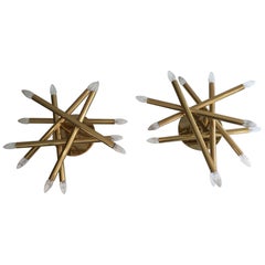 Exceptional Pair of Twelve Lights Gilt Brass Design Fixtures, French