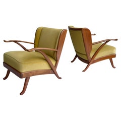 Exceptional Pair of Wingback Lounge Chairs, Walnut and Ocher Mohair, Italy 1950s