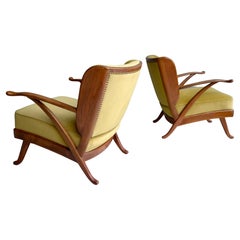 Exceptional Pair of Wingback Lounge Chairs, Walnut and Ocher Mohair, Italy 1950s Exceptional Pair of Wingback Lounge Chairs, Walnut and Ocher Mohair, Italy 1950s