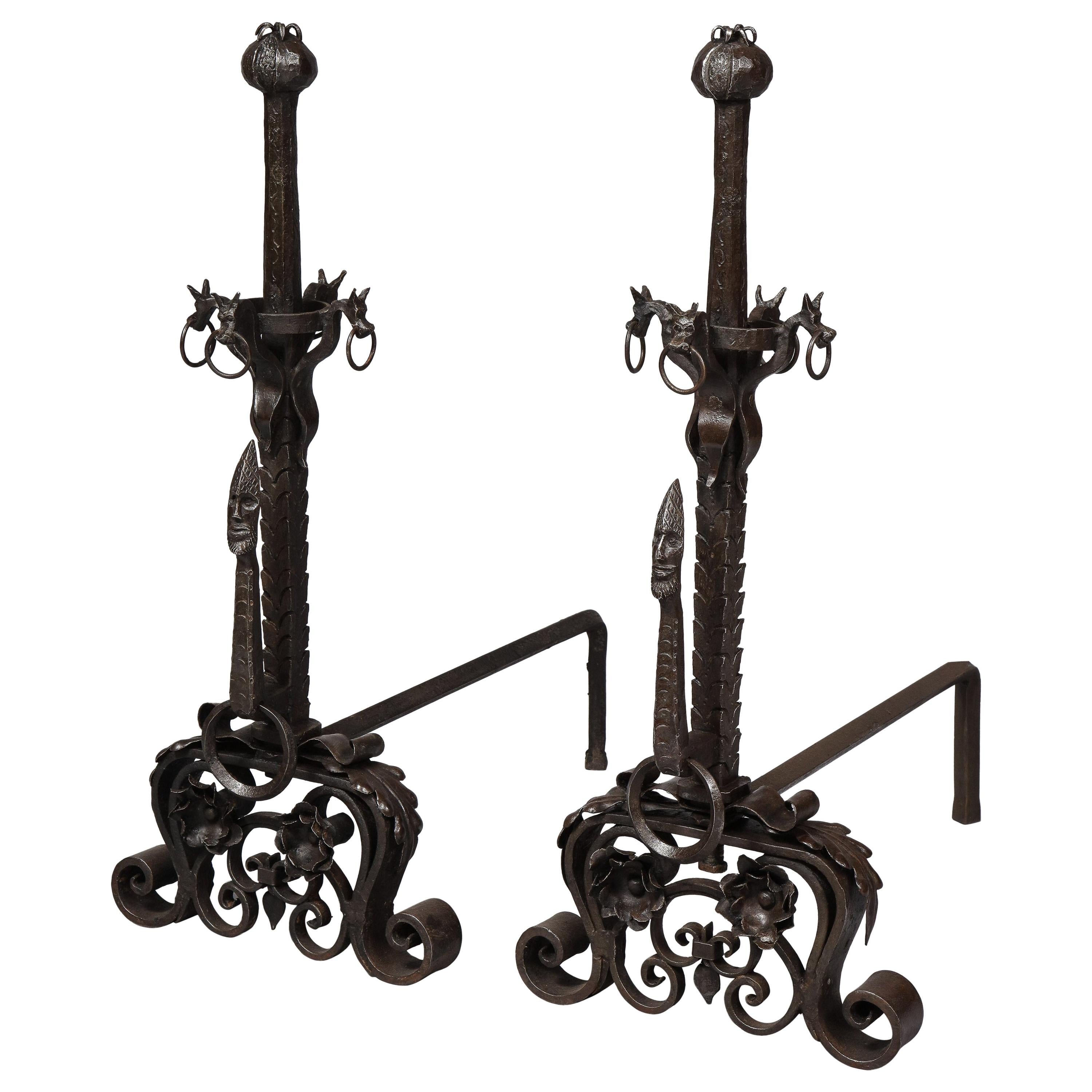 Pair of Baroque Bronze and Iron Andirons For Sale at 1stDibs