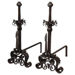 Exceptional Pair of Wrought Iron Andirons