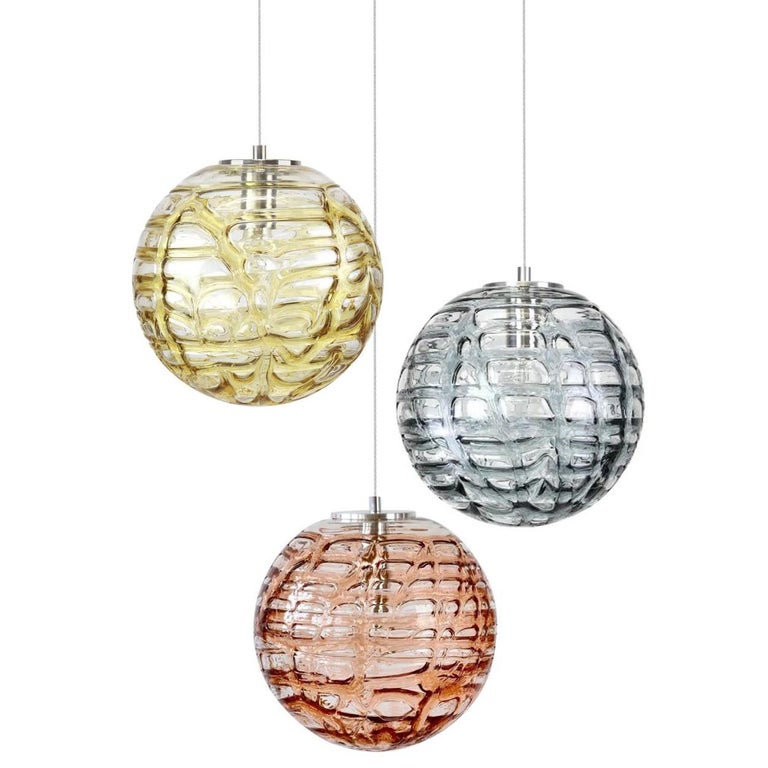 Steel Exceptional Pair of Xl Murano Glass Pendant Lights Venini Style