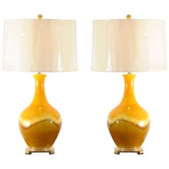 Exceptional Pair of Yellow Ochre and Caramel Ceramic Lamps, circa 1970