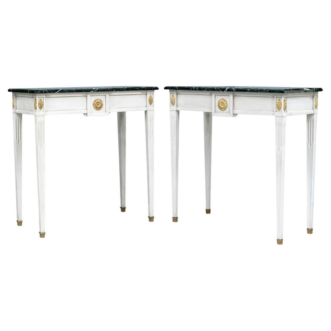 Exceptional Pair Swedish Diminutive Stone Top Console Tables In Custom Lacquer For Sale