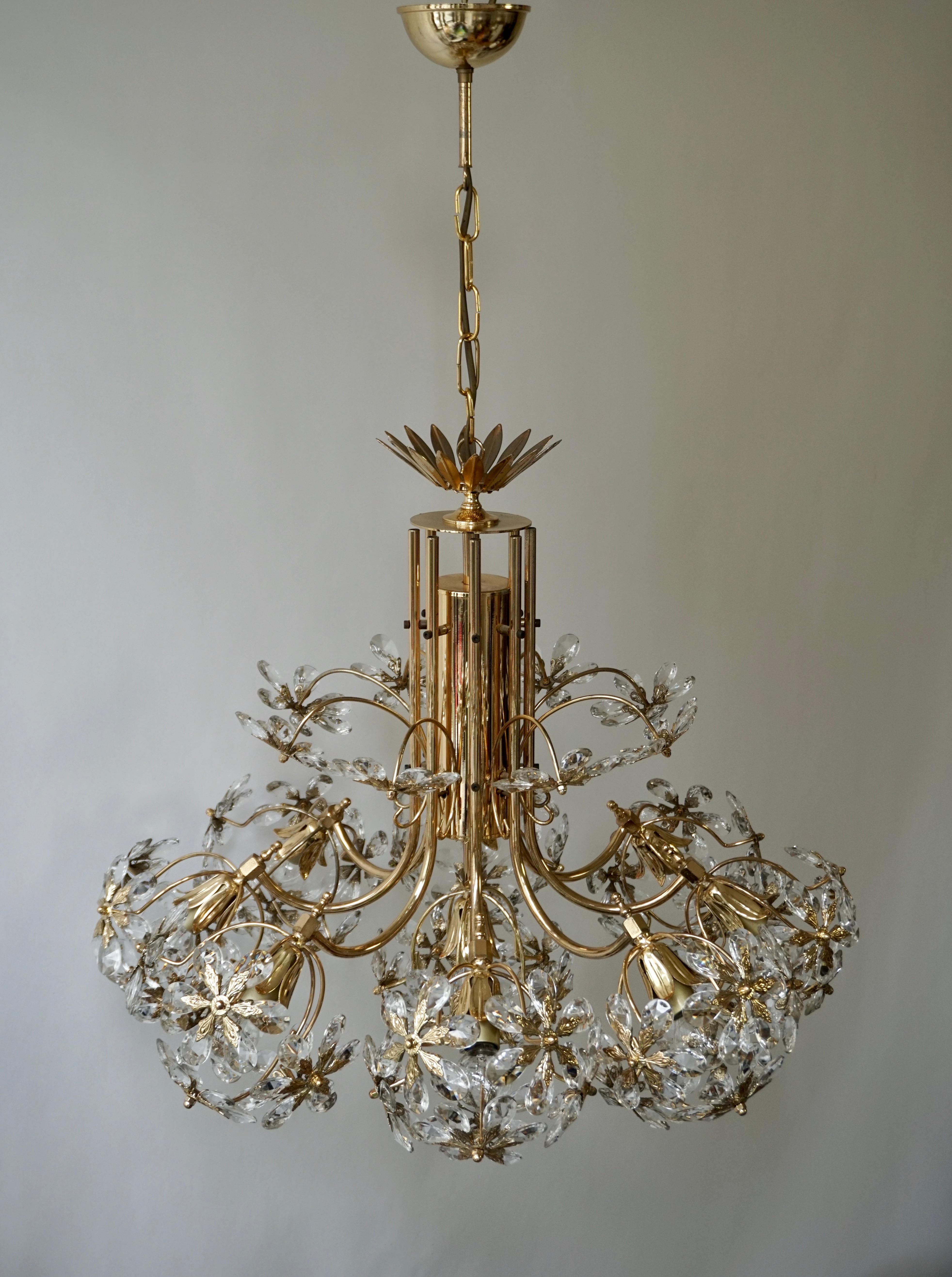 One of Two Exceptional Palwa Gilt Brass Crystal Glass Flower Ball Chandelier  For Sale 4