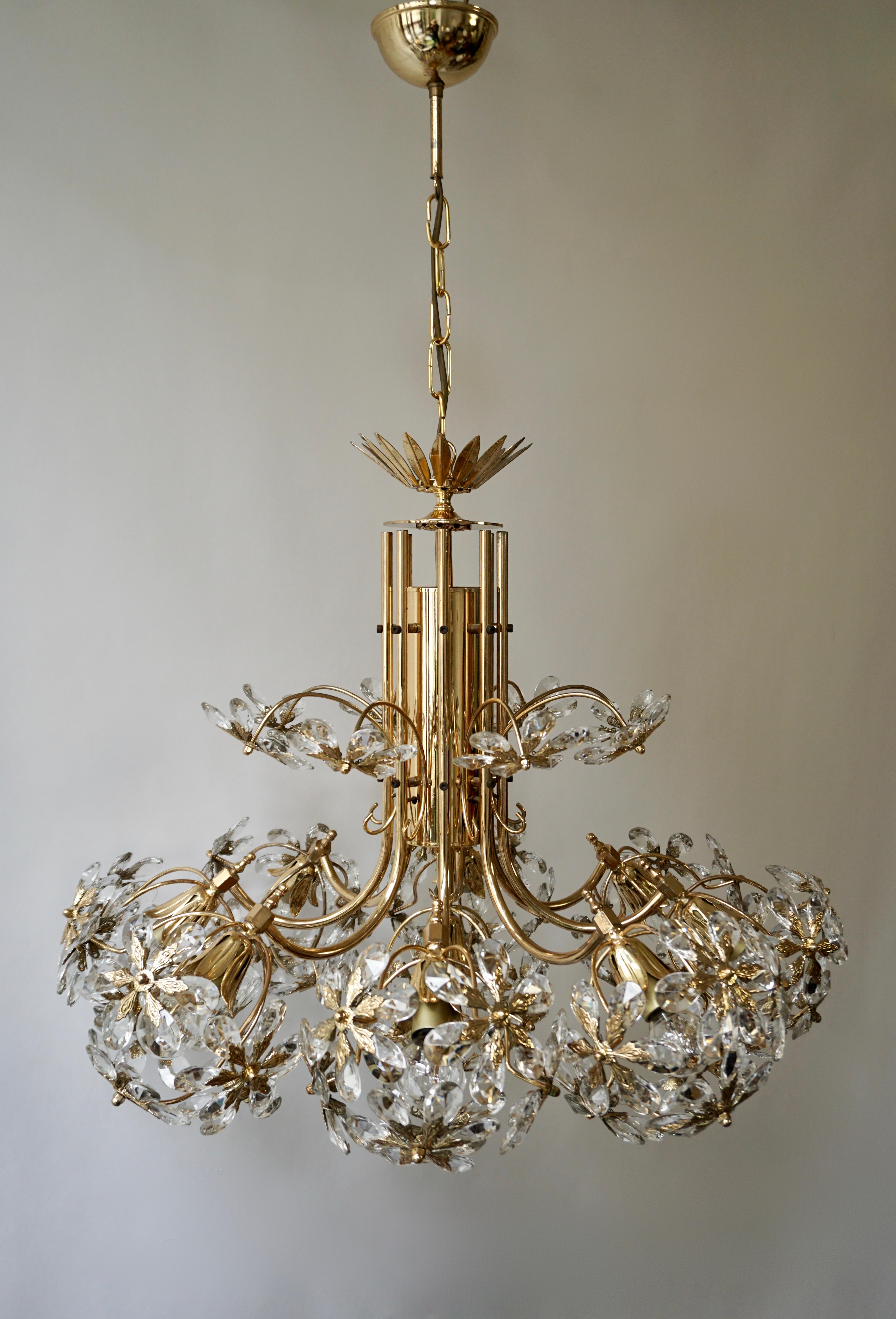 One of Two Exceptional Palwa Gilt Brass Crystal Glass Flower Ball Chandelier  For Sale 5