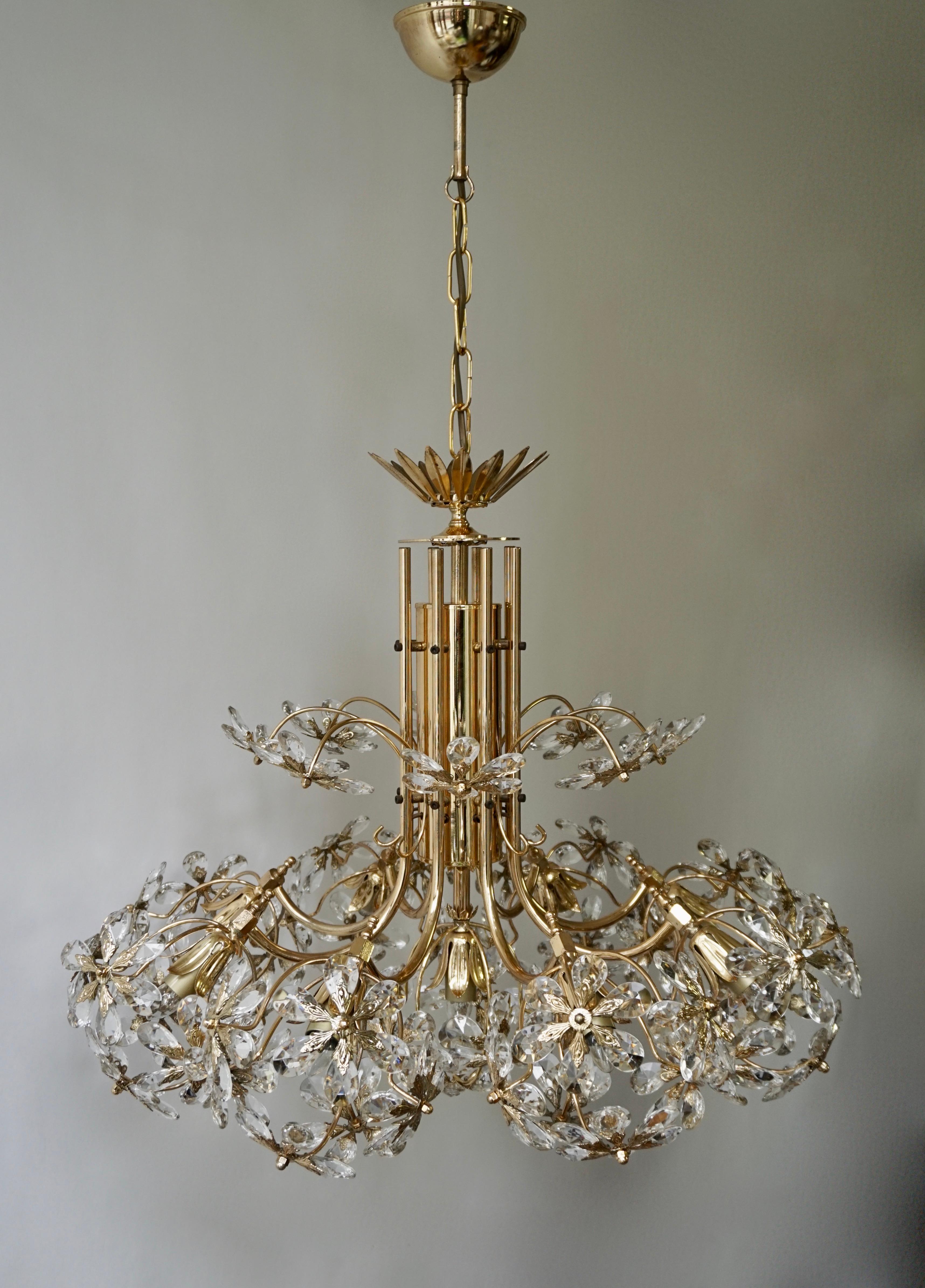 One of Two Exceptional Palwa Gilt Brass Crystal Glass Flower Ball Chandelier  For Sale 6