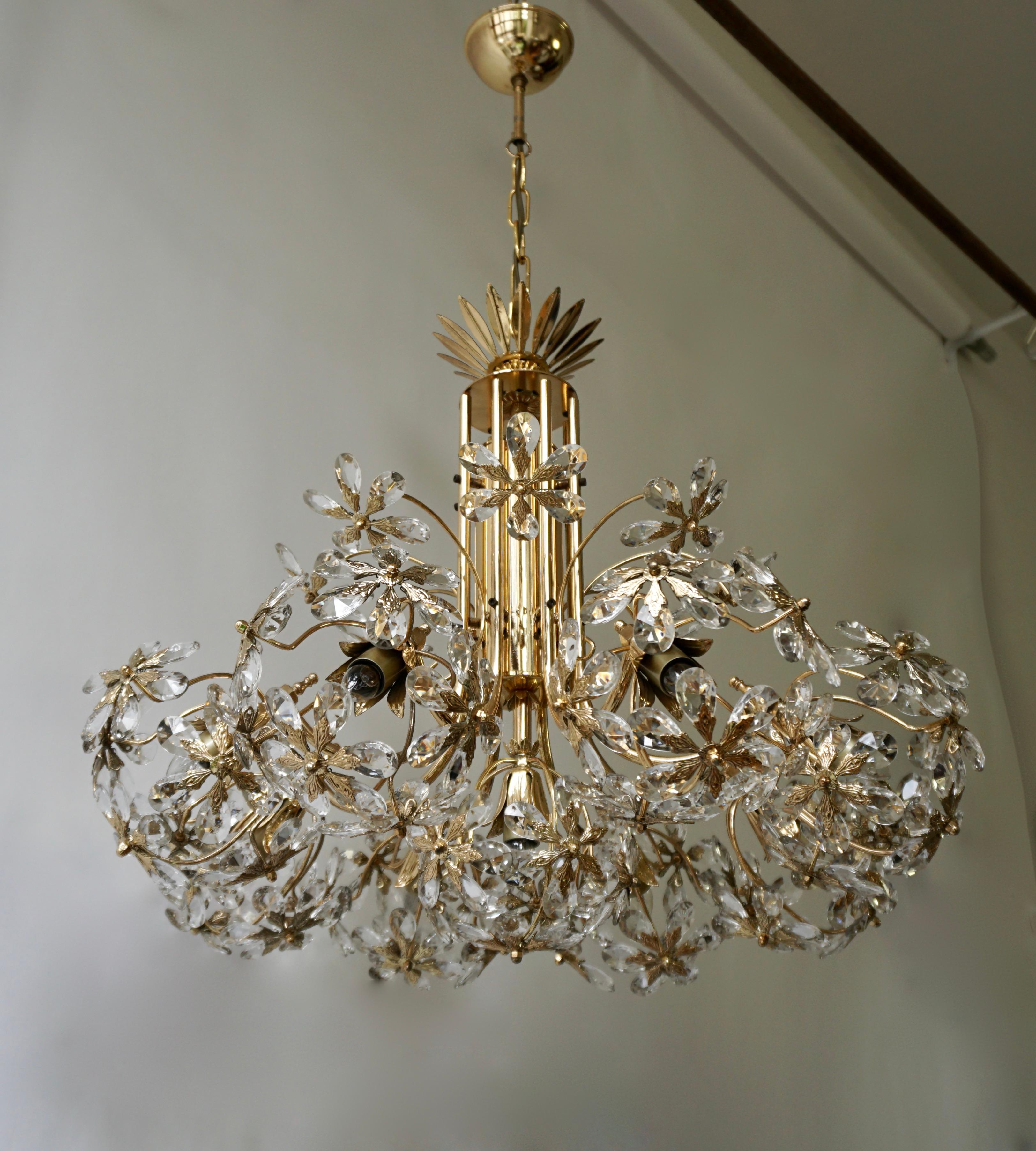 One of Two Exceptional Palwa Gilt Brass Crystal Glass Flower Ball Chandelier  For Sale 7