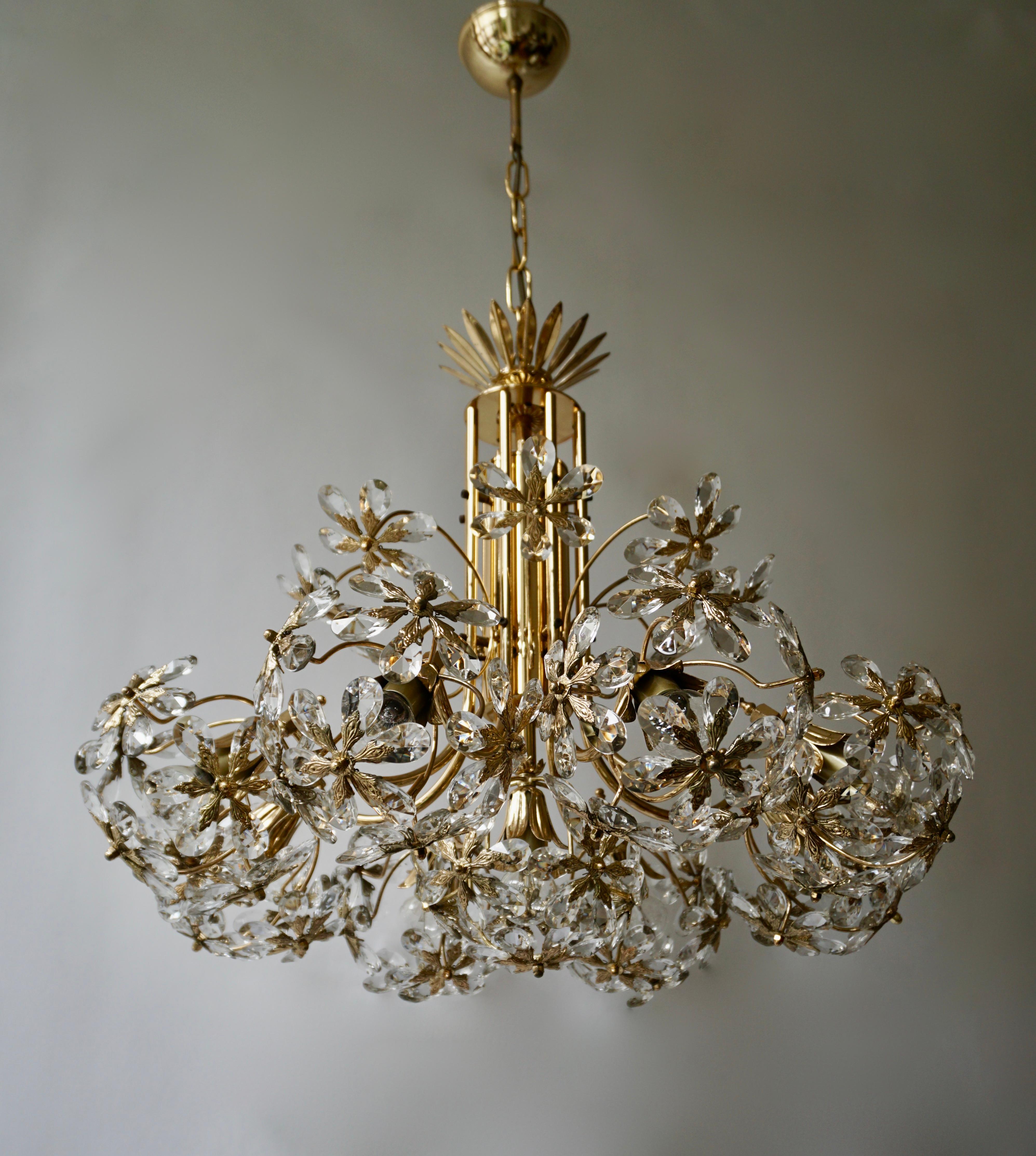 One of Two Exceptional Palwa Gilt Brass Crystal Glass Flower Ball Chandelier  For Sale 8