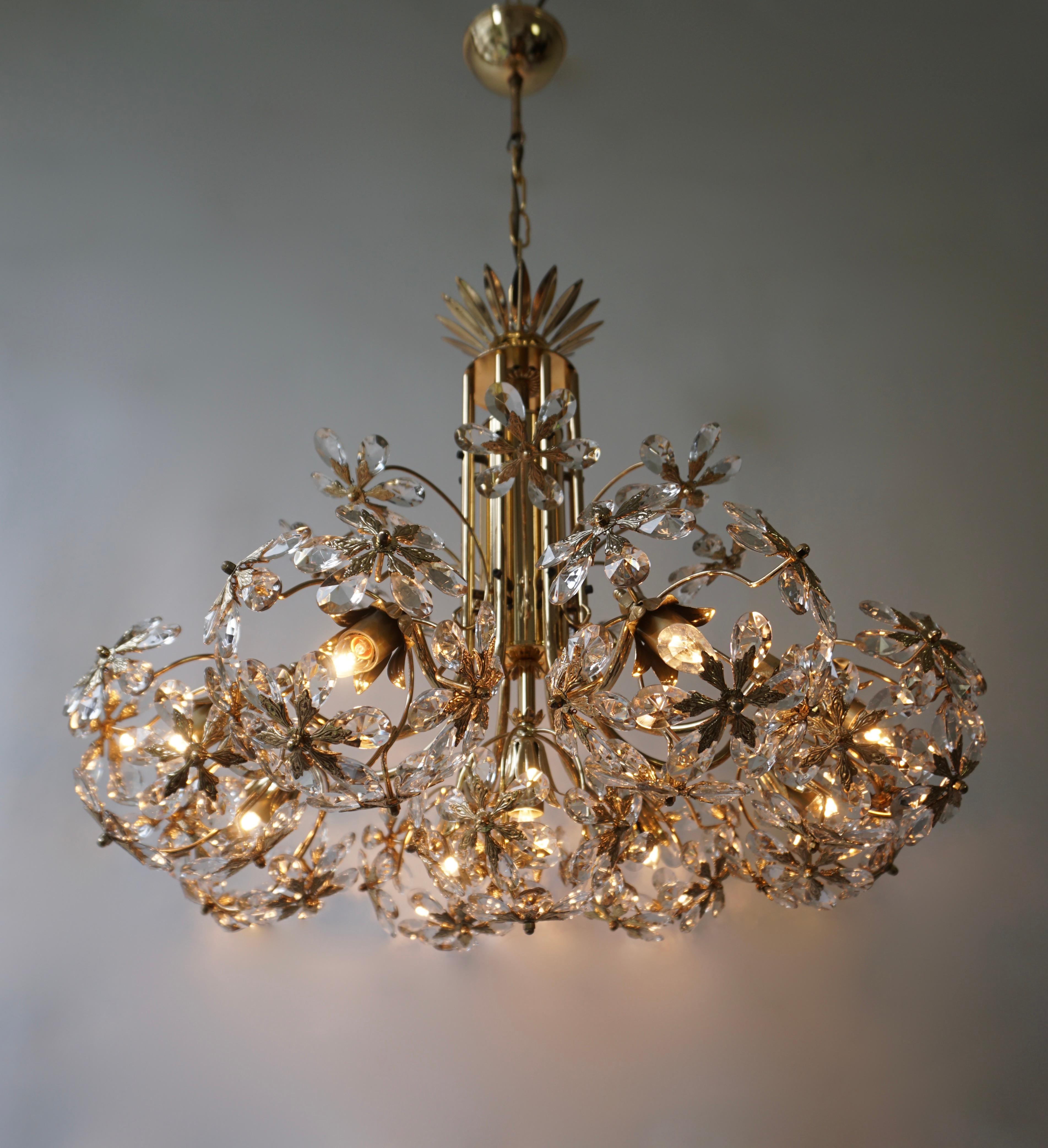 One of Two Exceptional Palwa Gilt Brass Crystal Glass Flower Ball Chandelier  For Sale 9