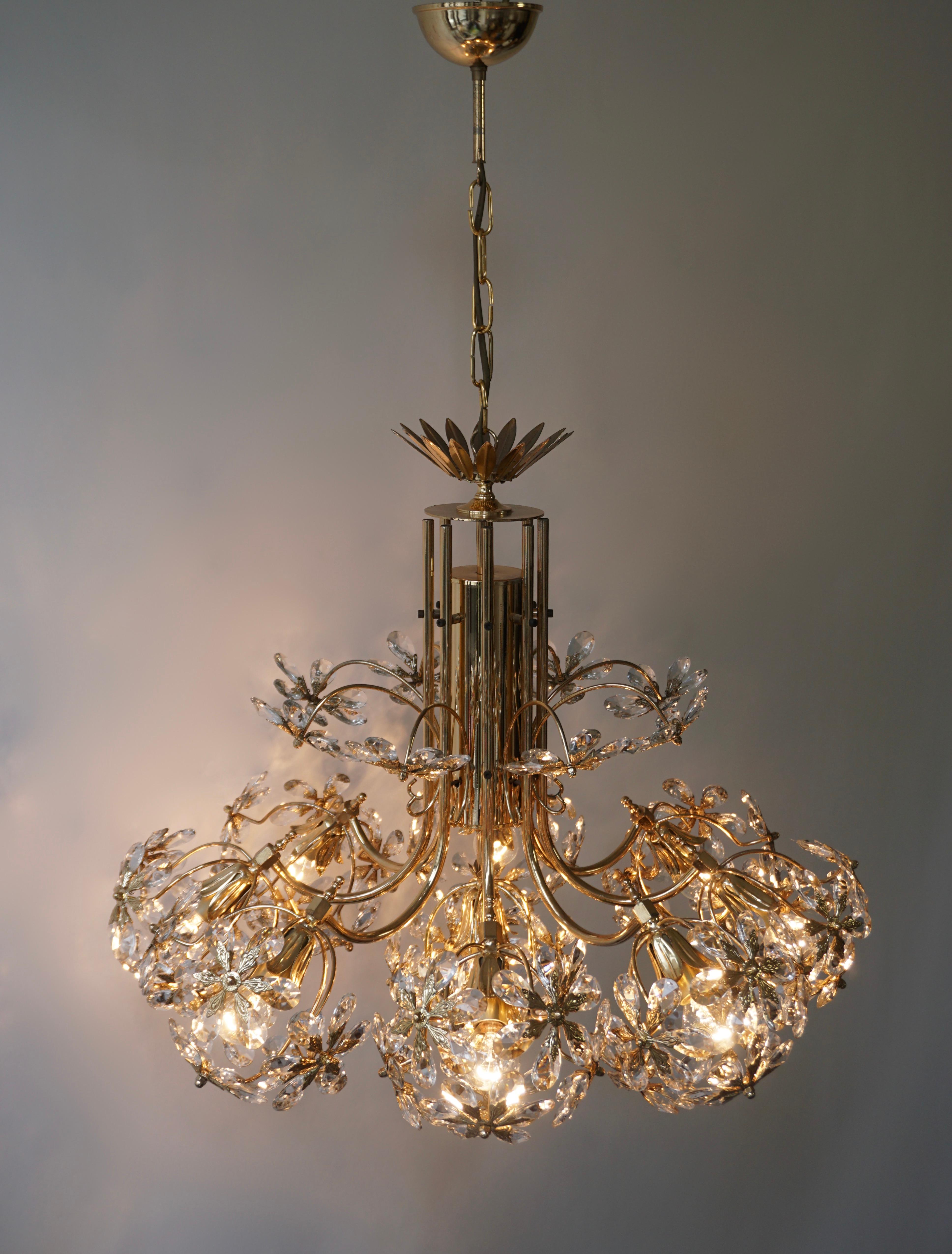 One of Two Exceptional Palwa Gilt Brass Crystal Glass Flower Ball Chandelier  For Sale 10