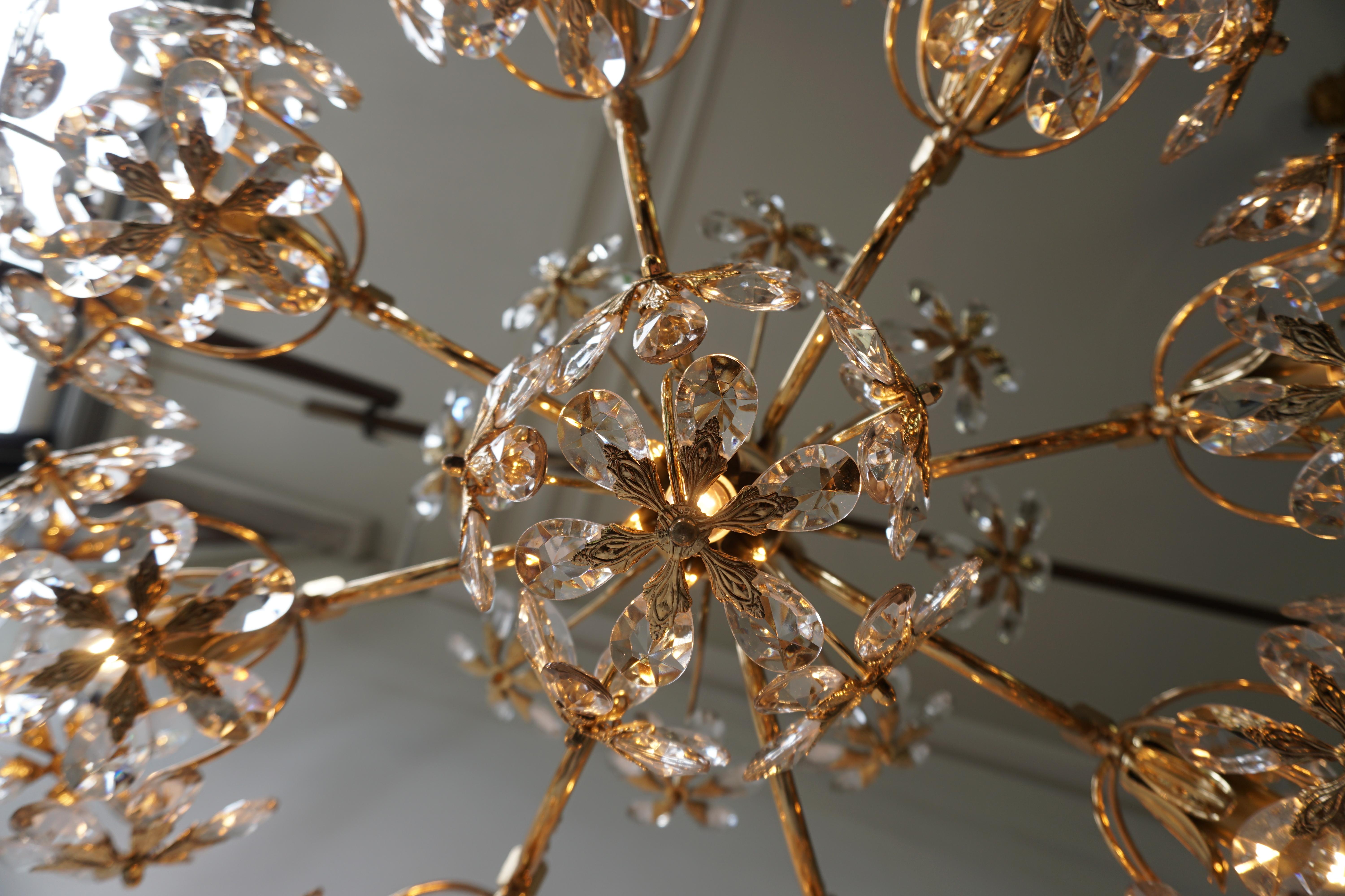 One of Two Exceptional Palwa Gilt Brass Crystal Glass Flower Ball Chandelier  For Sale 11