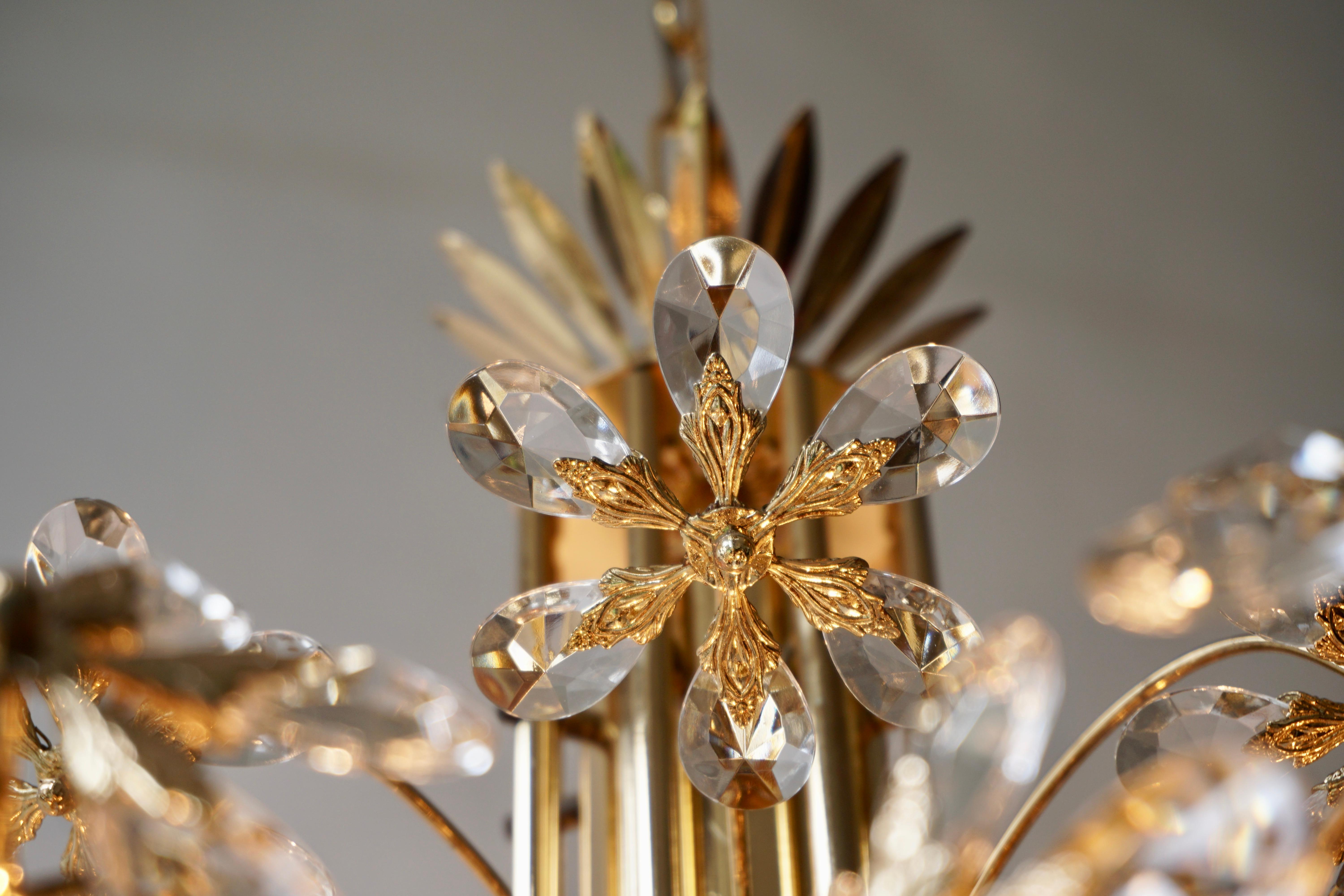 One of Two Exceptional Palwa Gilt Brass Crystal Glass Flower Ball Chandelier  For Sale 12