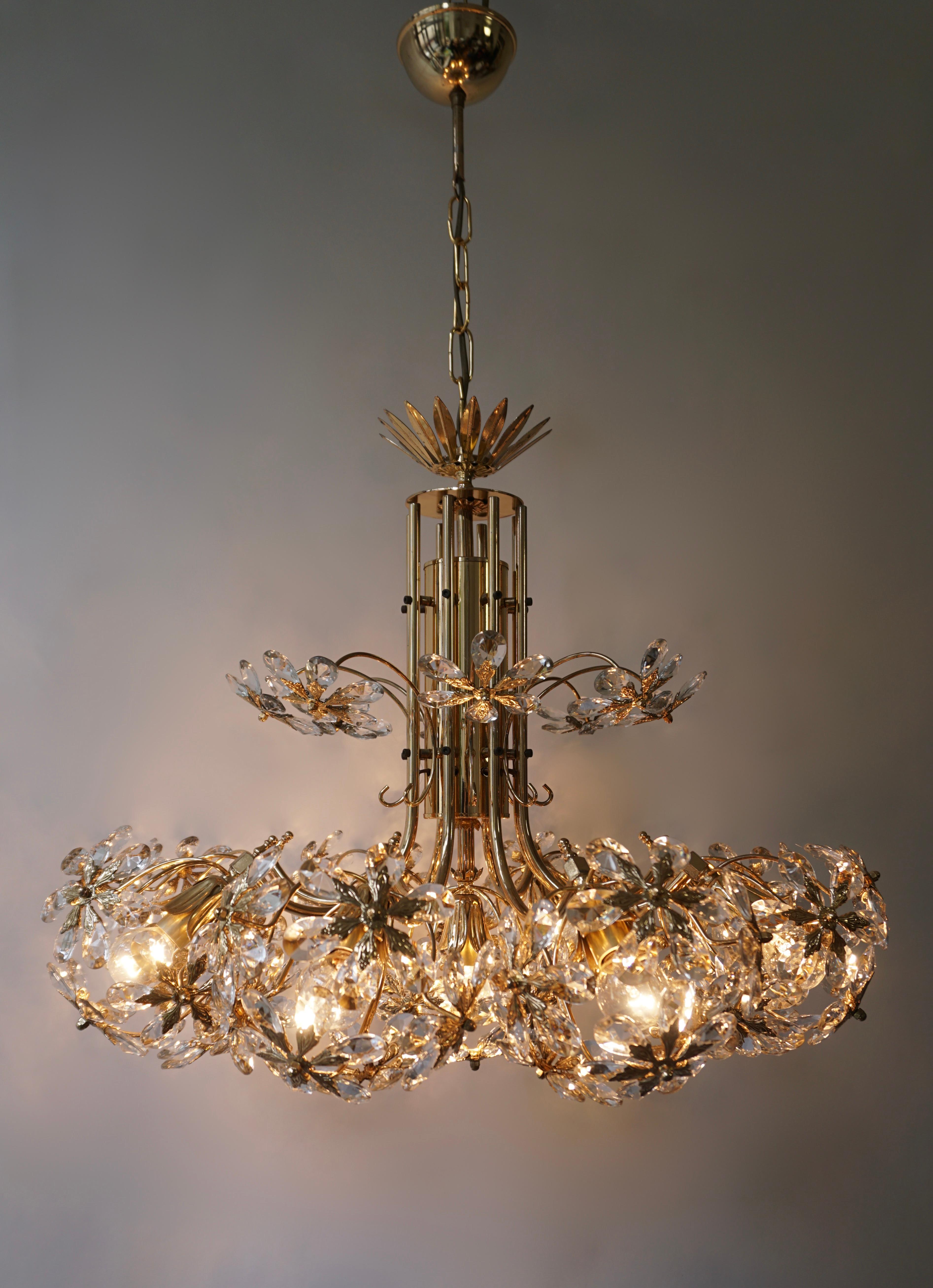 Hollywood Regency One of Two Exceptional Palwa Gilt Brass Crystal Glass Flower Ball Chandelier  For Sale