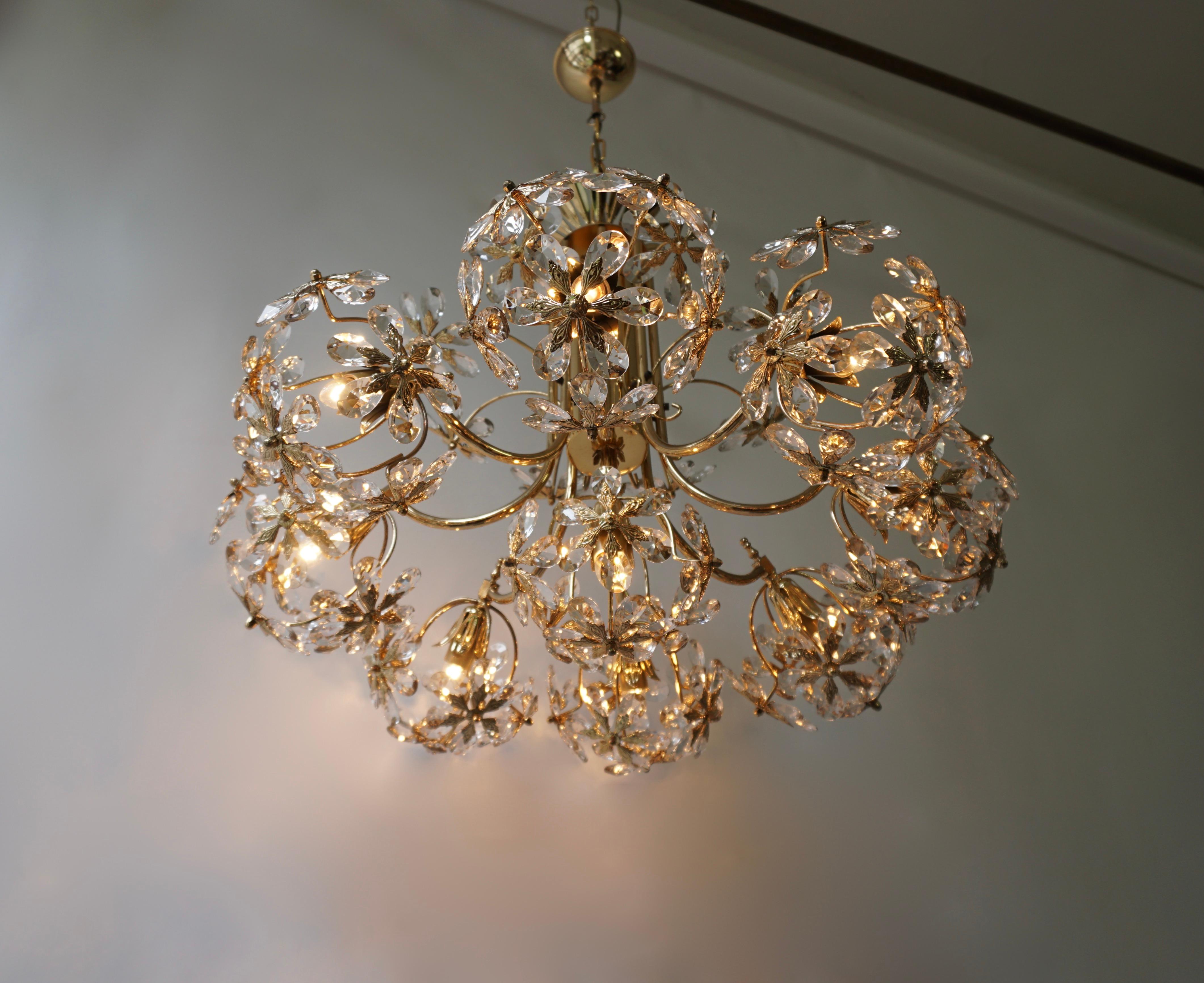German One of Two Exceptional Palwa Gilt Brass Crystal Glass Flower Ball Chandelier  For Sale