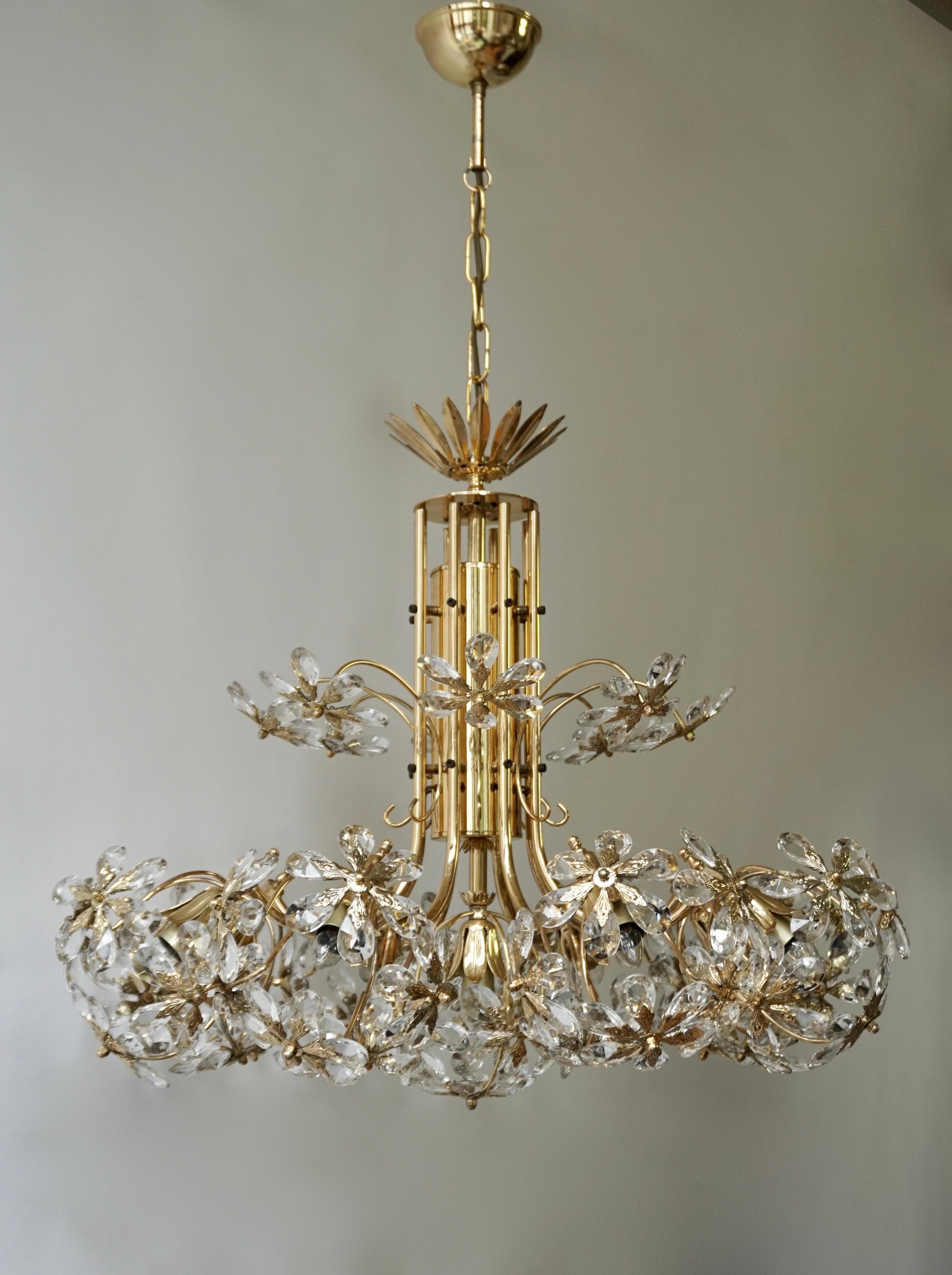 20th Century One of Two Exceptional Palwa Gilt Brass Crystal Glass Flower Ball Chandelier  For Sale