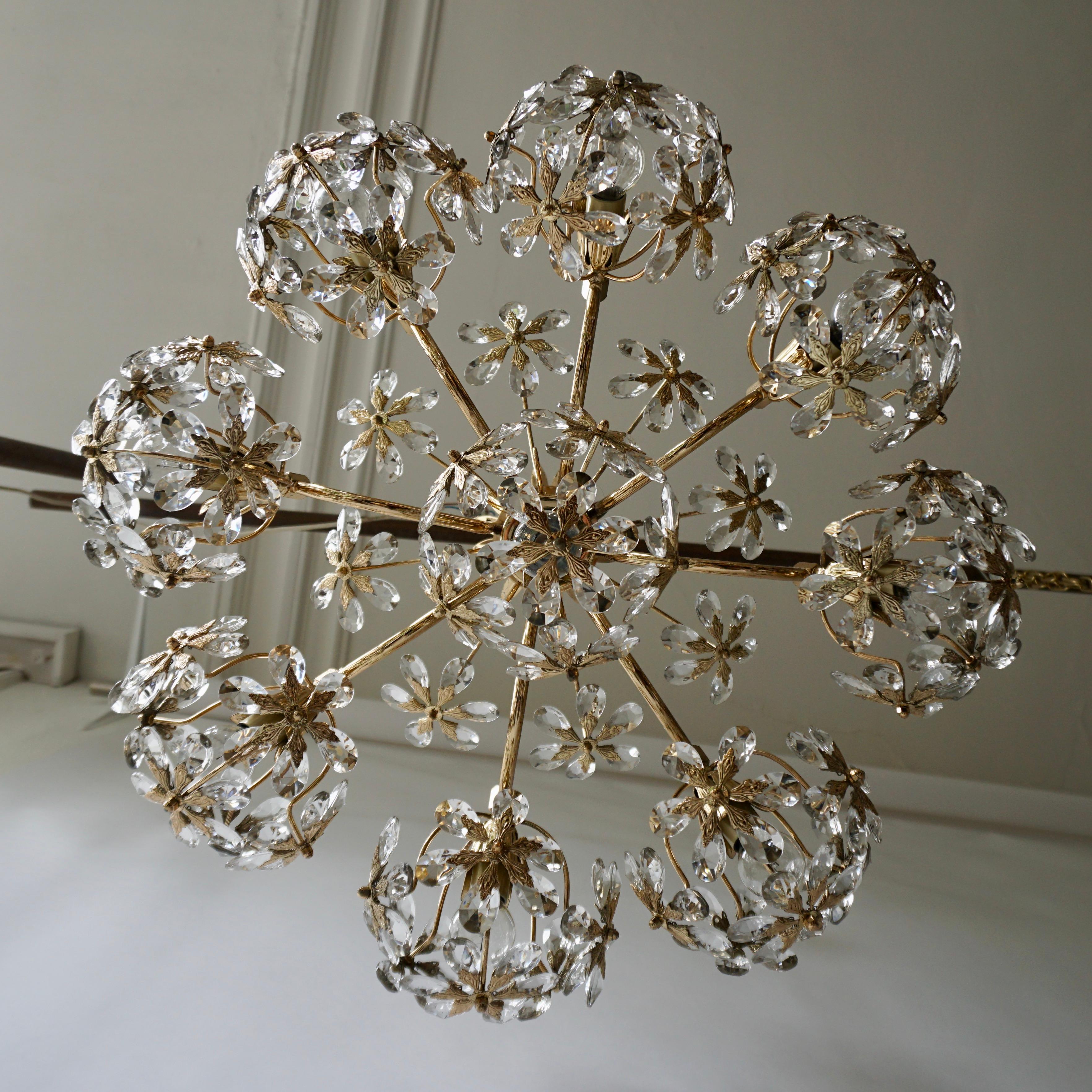 One of Two Exceptional Palwa Gilt Brass Crystal Glass Flower Ball Chandelier  For Sale 1