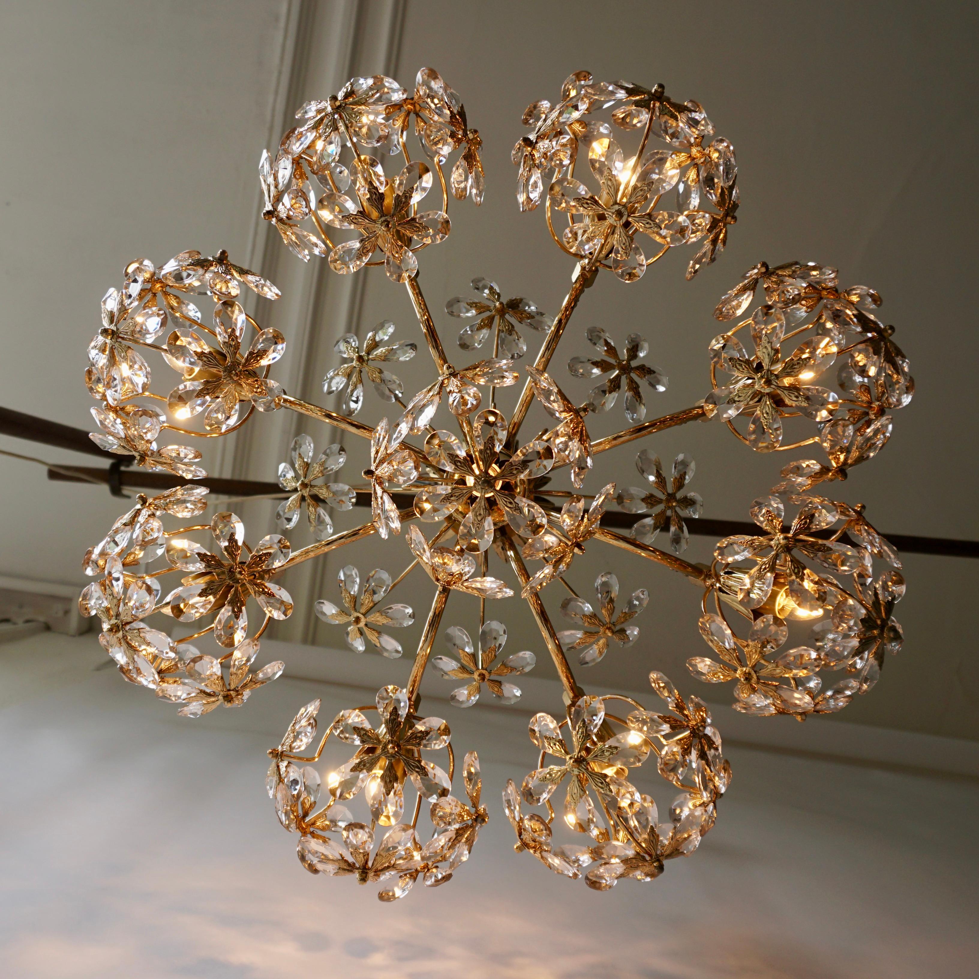 One of Two Exceptional Palwa Gilt Brass Crystal Glass Flower Ball Chandelier  For Sale 2