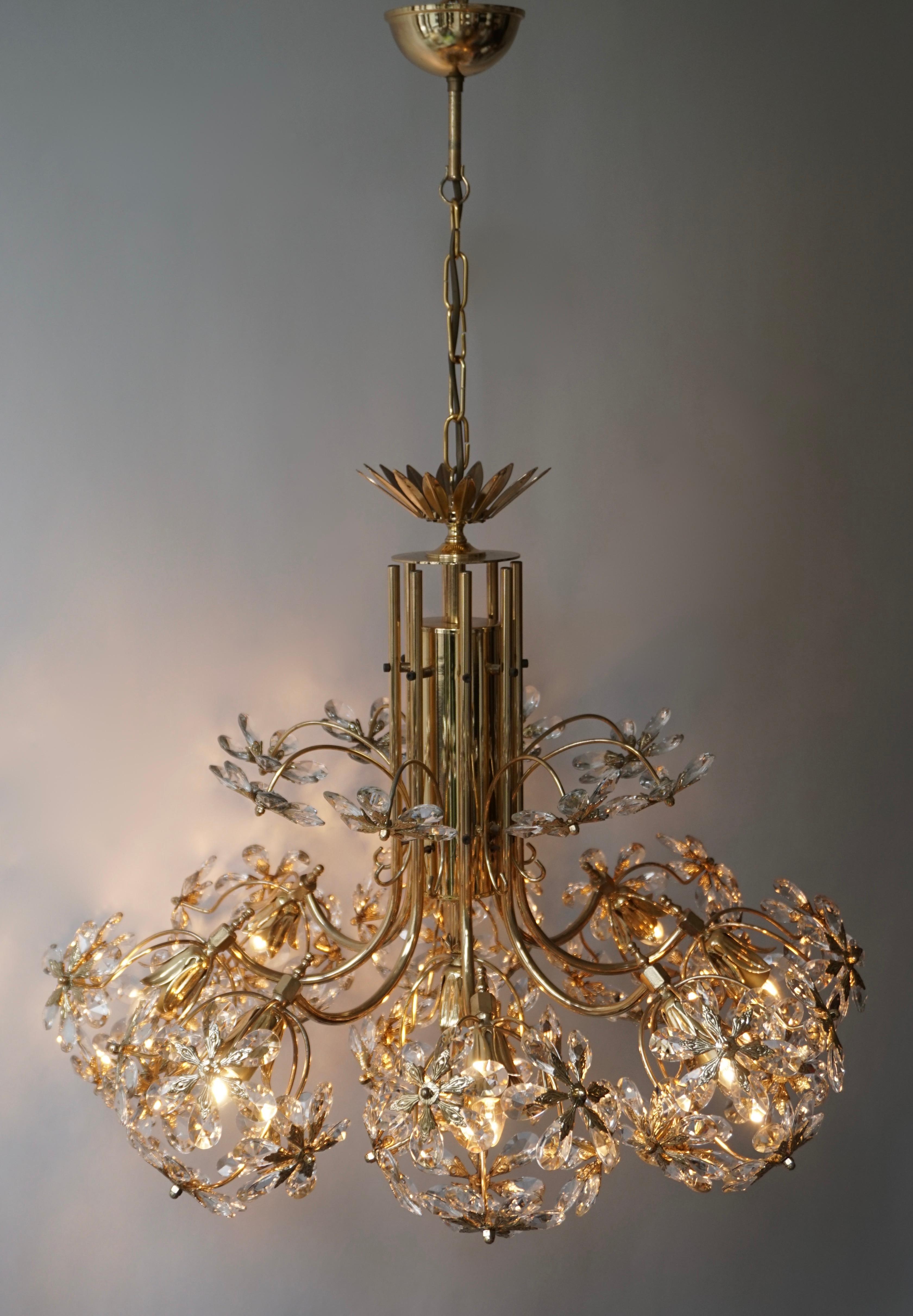 One of Two Exceptional Palwa Gilt Brass Crystal Glass Flower Ball Chandelier  For Sale 3