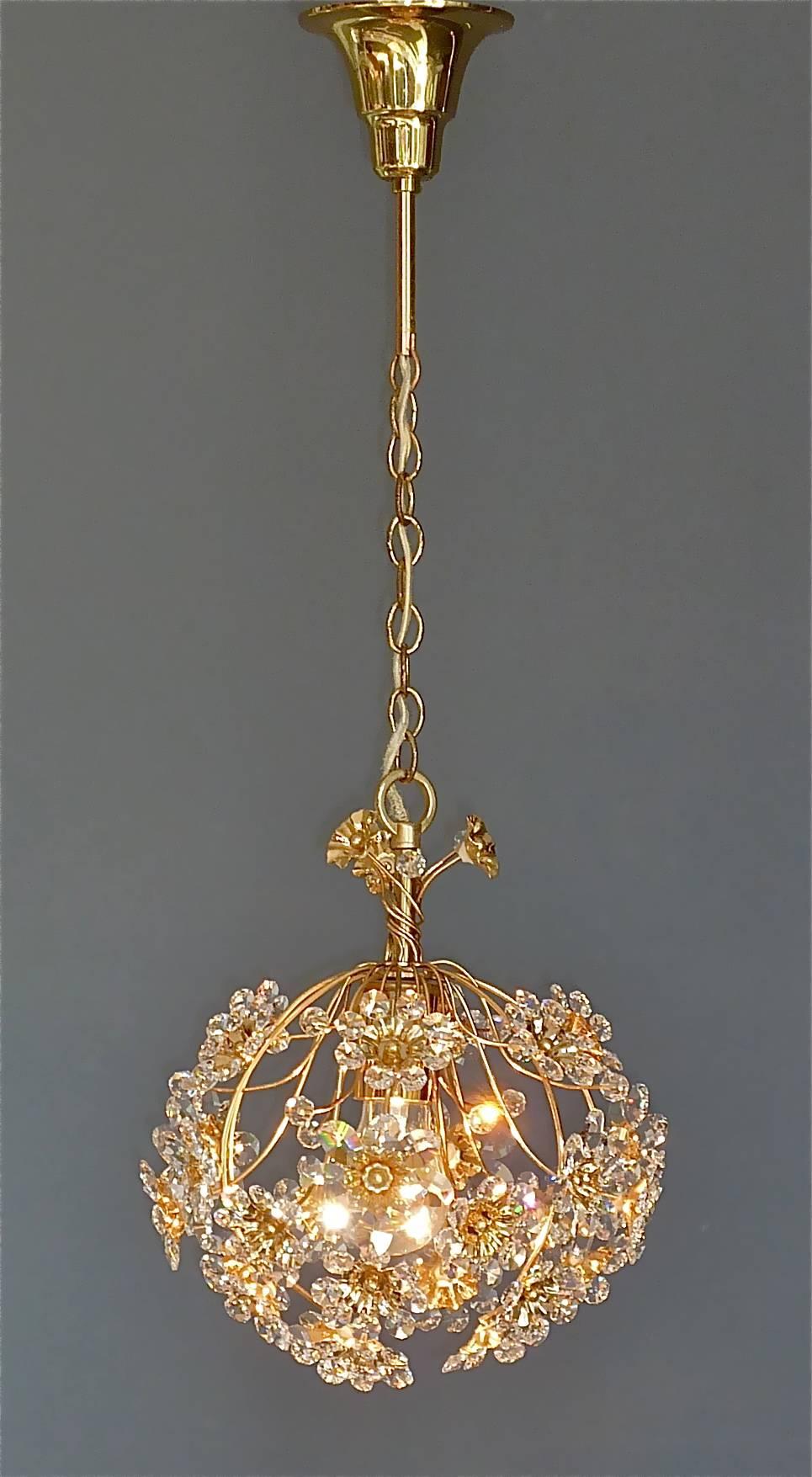 Exceptional Palwa Gilt Brass Crystal Glass Flower Ball Chandelier, circa 1960 2