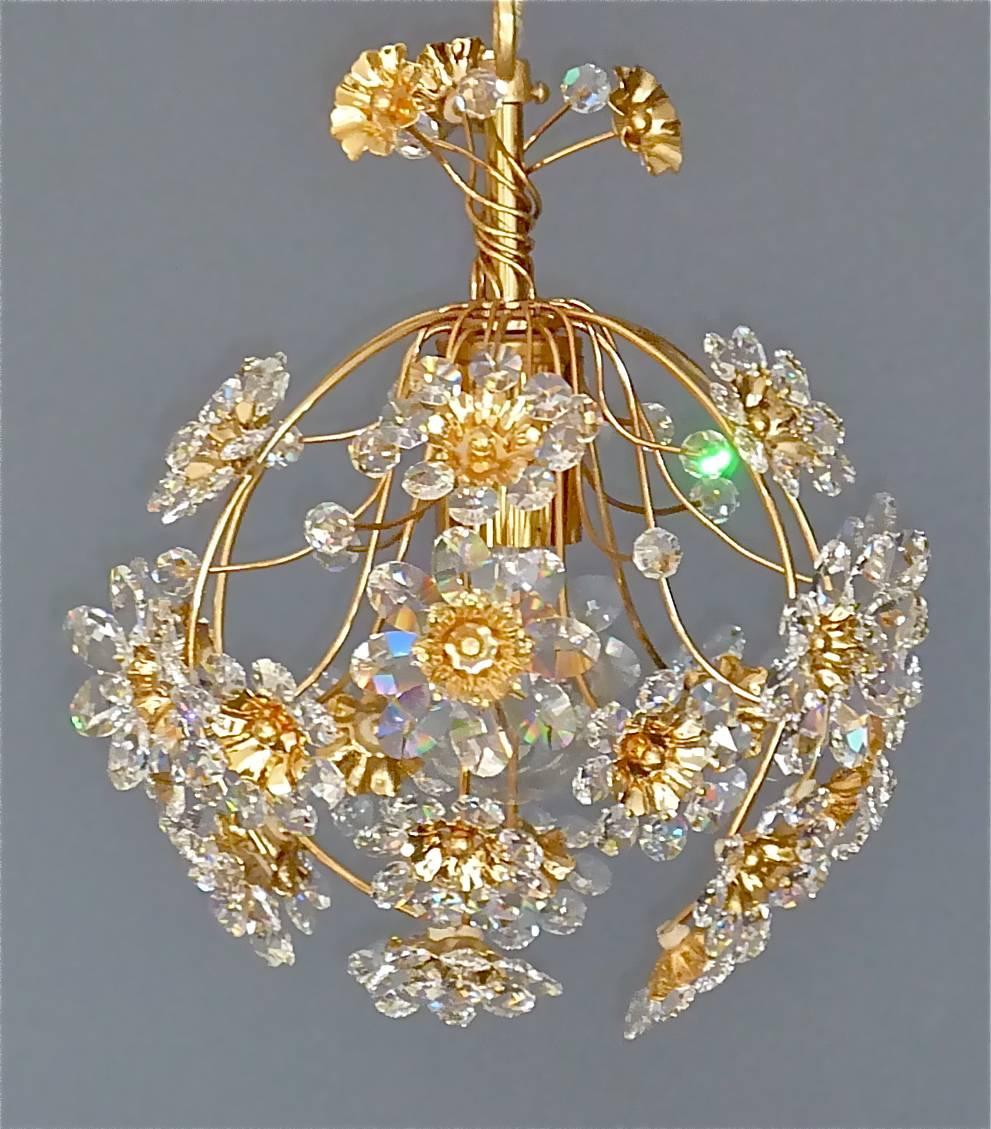Exceptional Palwa Gilt Brass Crystal Glass Flower Ball Chandelier