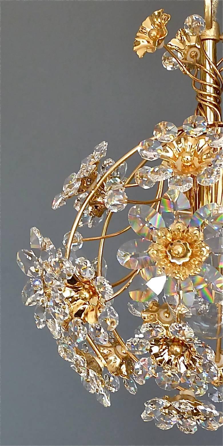 Hollywood Regency Exceptional Palwa Gilt Brass Crystal Glass Flower Ball Chandelier, circa 1960
