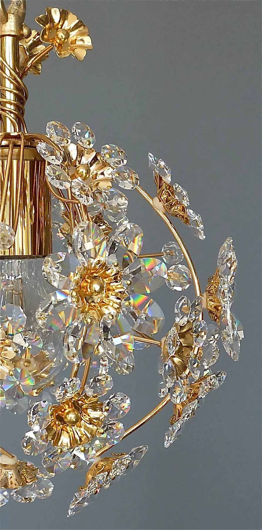 German Exceptional Palwa Gilt Brass Crystal Glass Flower Ball Chandelier, circa 1960