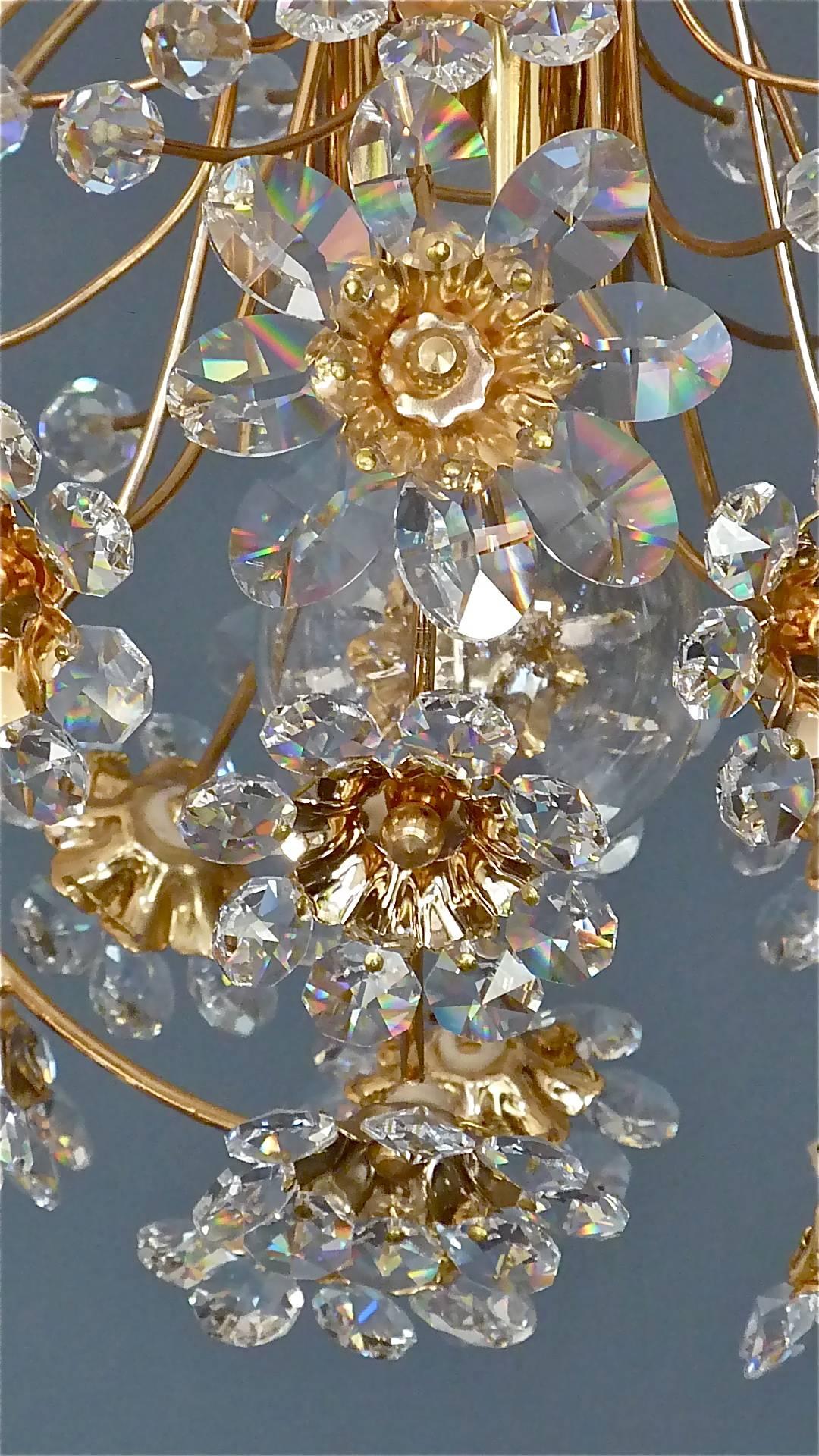 Faceted Exceptional Palwa Gilt Brass Crystal Glass Flower Ball Chandelier, circa 1960