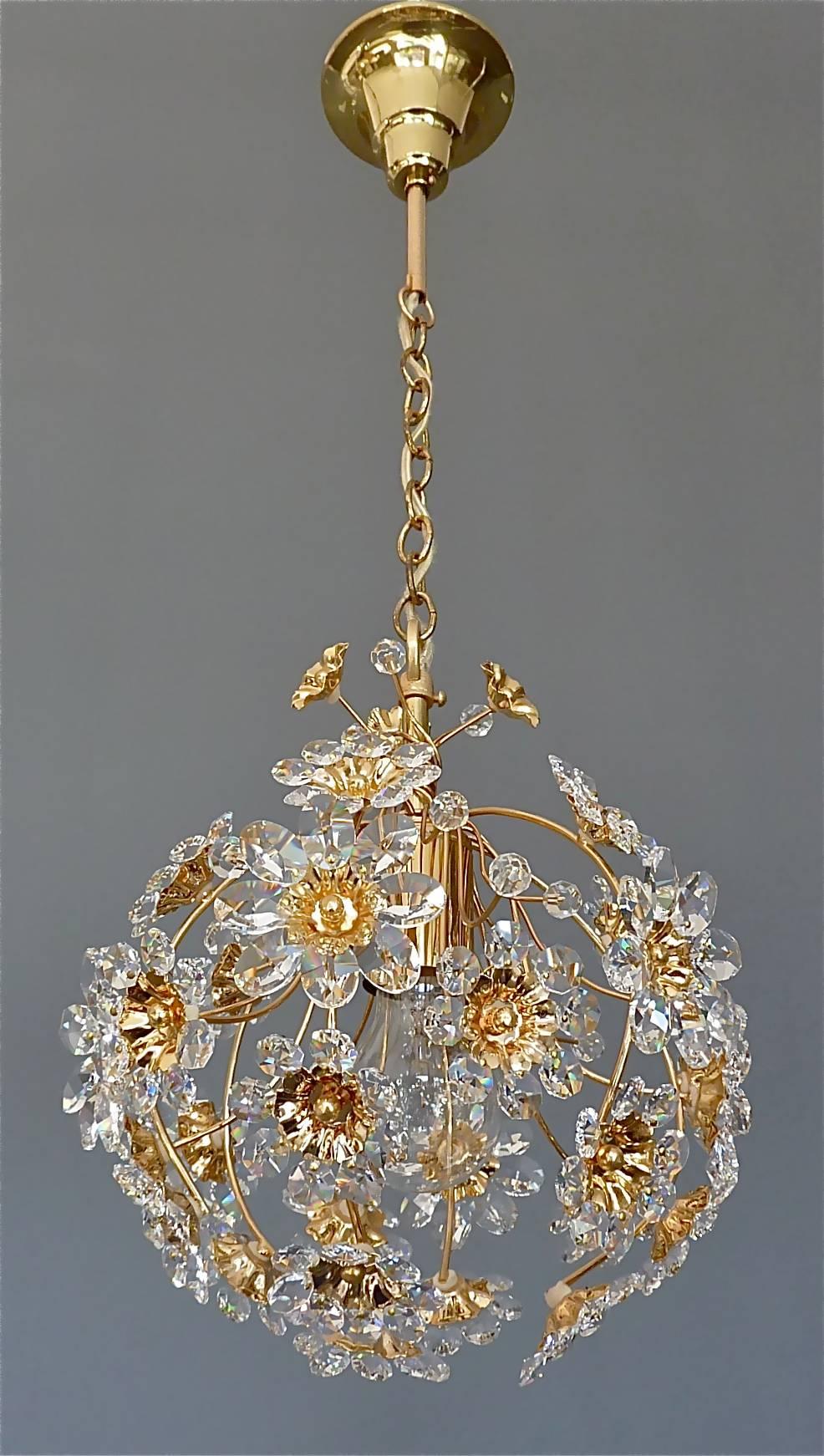 Mid-20th Century Exceptional Palwa Gilt Brass Crystal Glass Flower Ball Chandelier, circa 1960