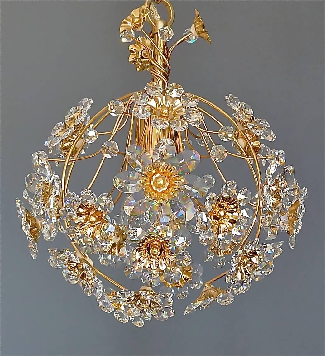 Metal Exceptional Palwa Gilt Brass Crystal Glass Flower Ball Chandelier, circa 1960