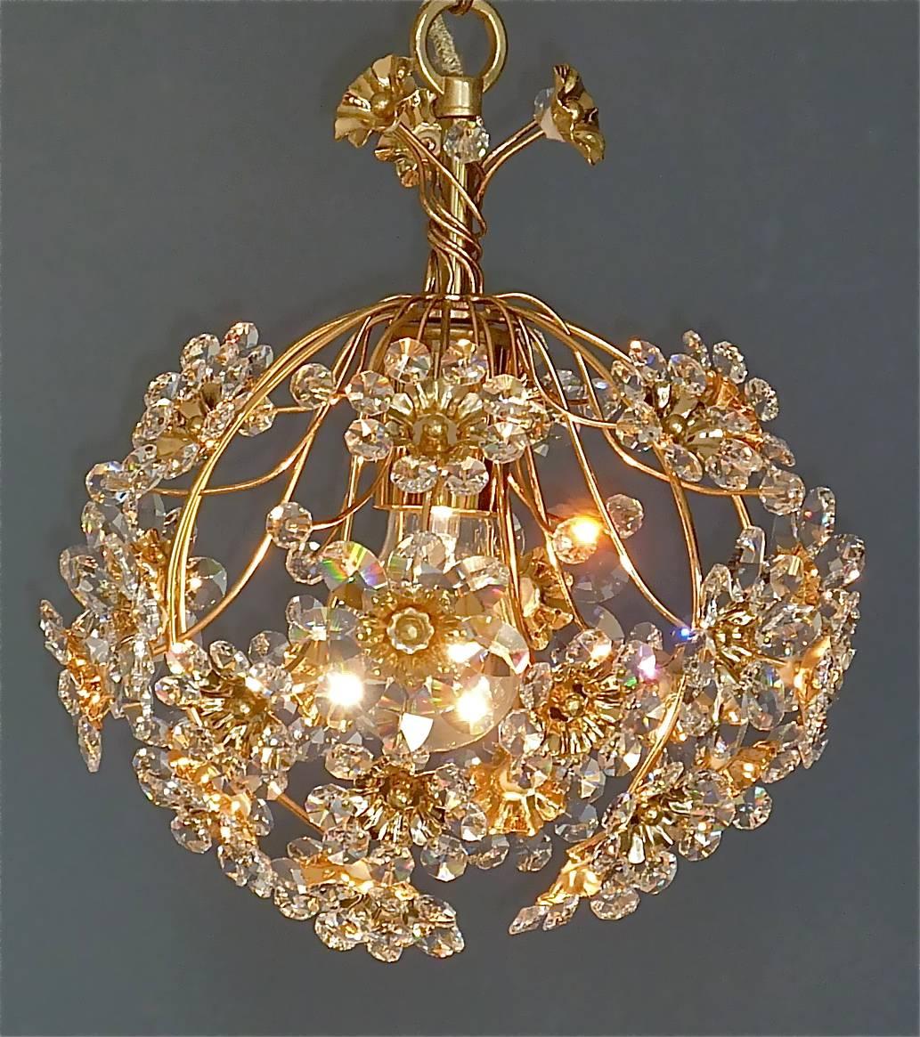 Exceptional Palwa Gilt Brass Crystal Glass Flower Ball Chandelier, circa 1960 1