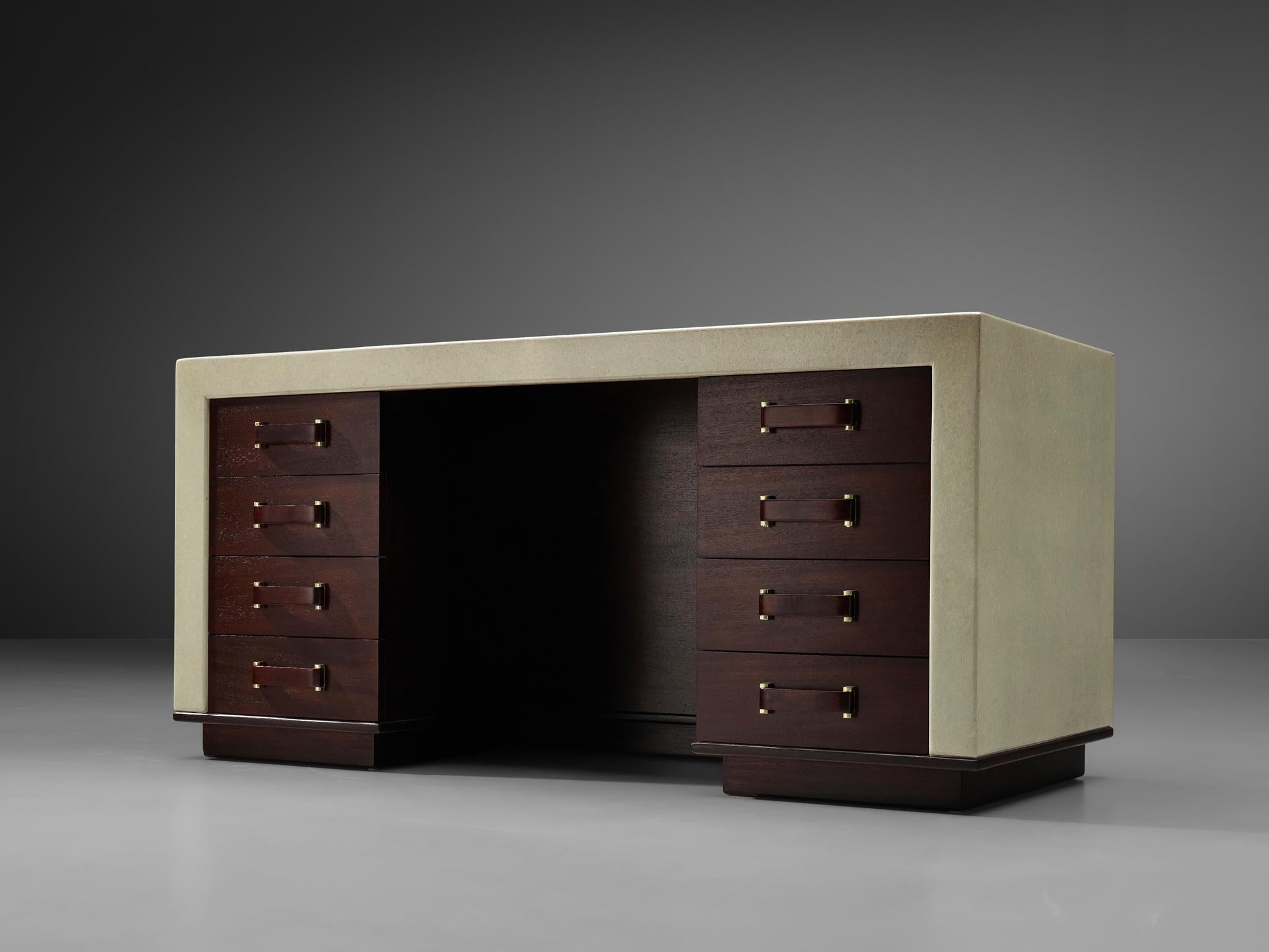 Paul Frankl for Johnson Furniture, rare free-standing desk, cork, mahogany, brass, United Stated, 1940s

Rare desk by Paul Frankl designed in the 1940s. Two compartments of drawers, a closed back and the particular use of cork make this cubic design