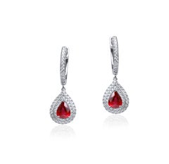 1.4ct Pear-Cut Ruby & Diamond Double Halo Drop Dangle Earrings in 18K White Gold