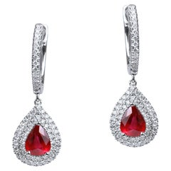 Exceptional Pear natural ruby diamond dangle earrings, halo diamond in 18k gold