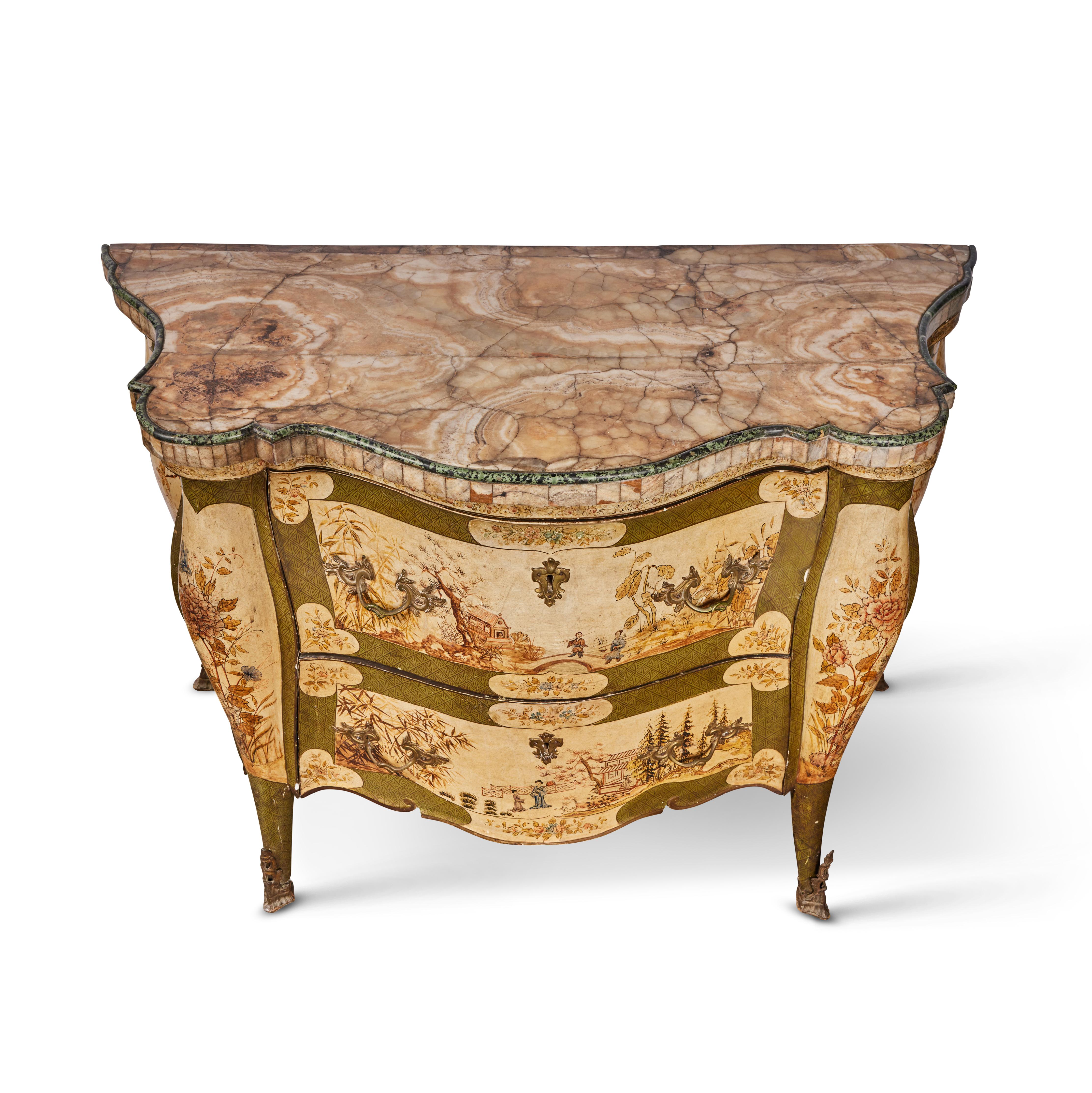 A most unusual and rare, c. 1800, hand-carved and painted, serpentine, Venetian, Chinoiserie commode in the bombé style, with rounded legs terminating in ormolu feet. The whole richly decorated in garden scenes with blossoms, foliage, butterflies