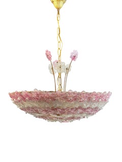 Exceptional Pink & Clear Flower Basket Chandelier Italy 1950s