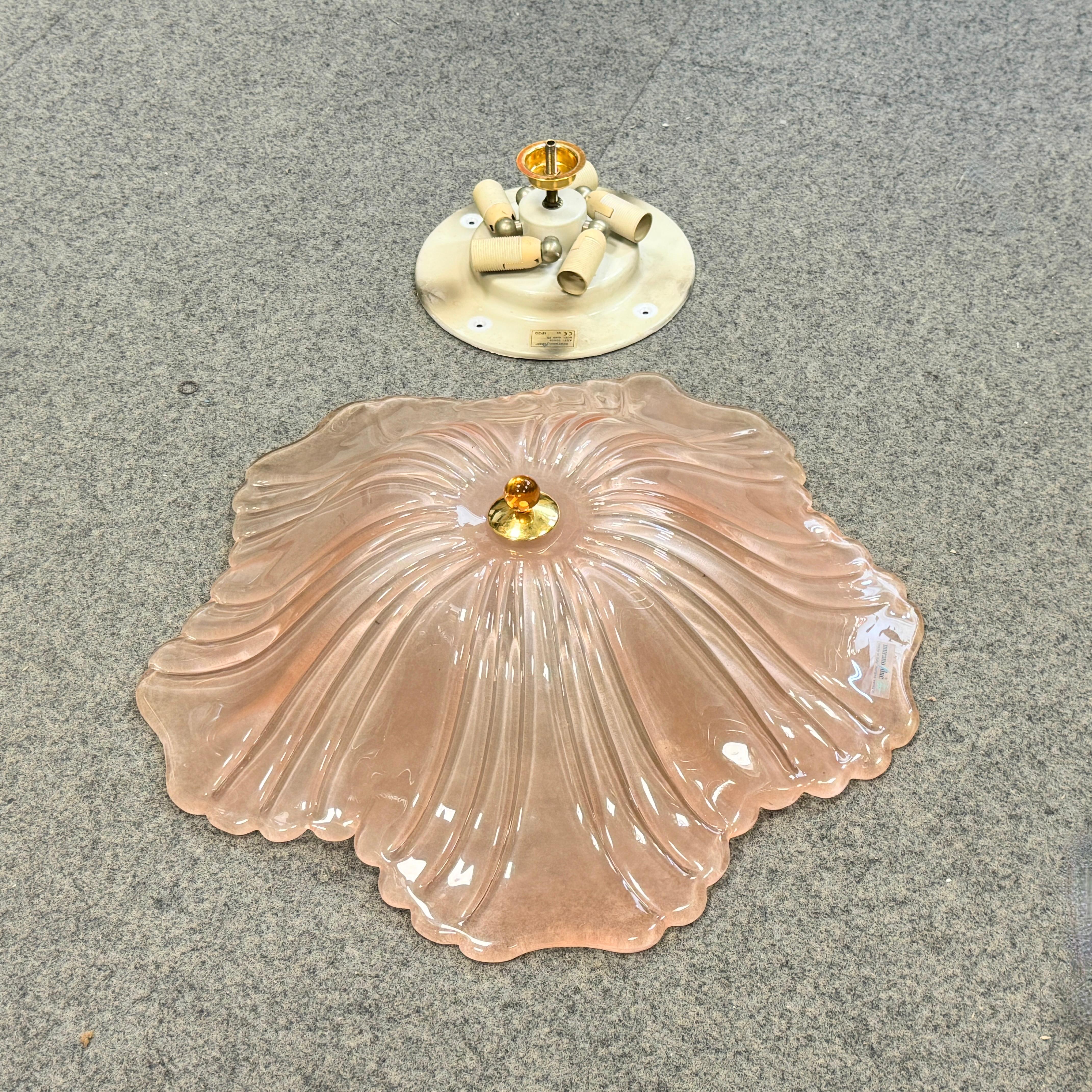 Exceptional pink Glass and Brass, Flush Mount Murano Due Venice Italy, 1980s For Sale 3