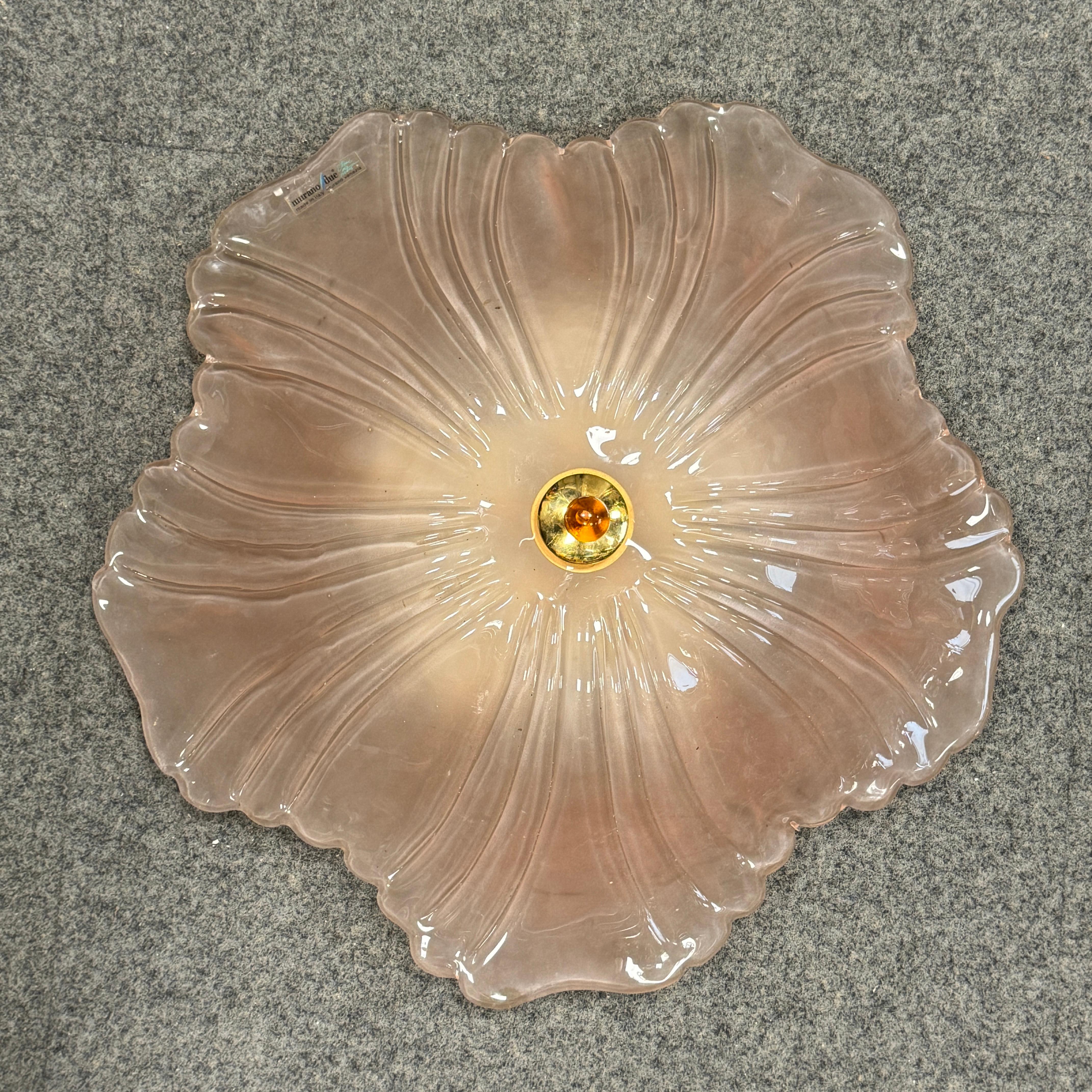 Exceptional Pink Glass and Brass, Flush Mount Murano Due Venice Italy, 1980s 4