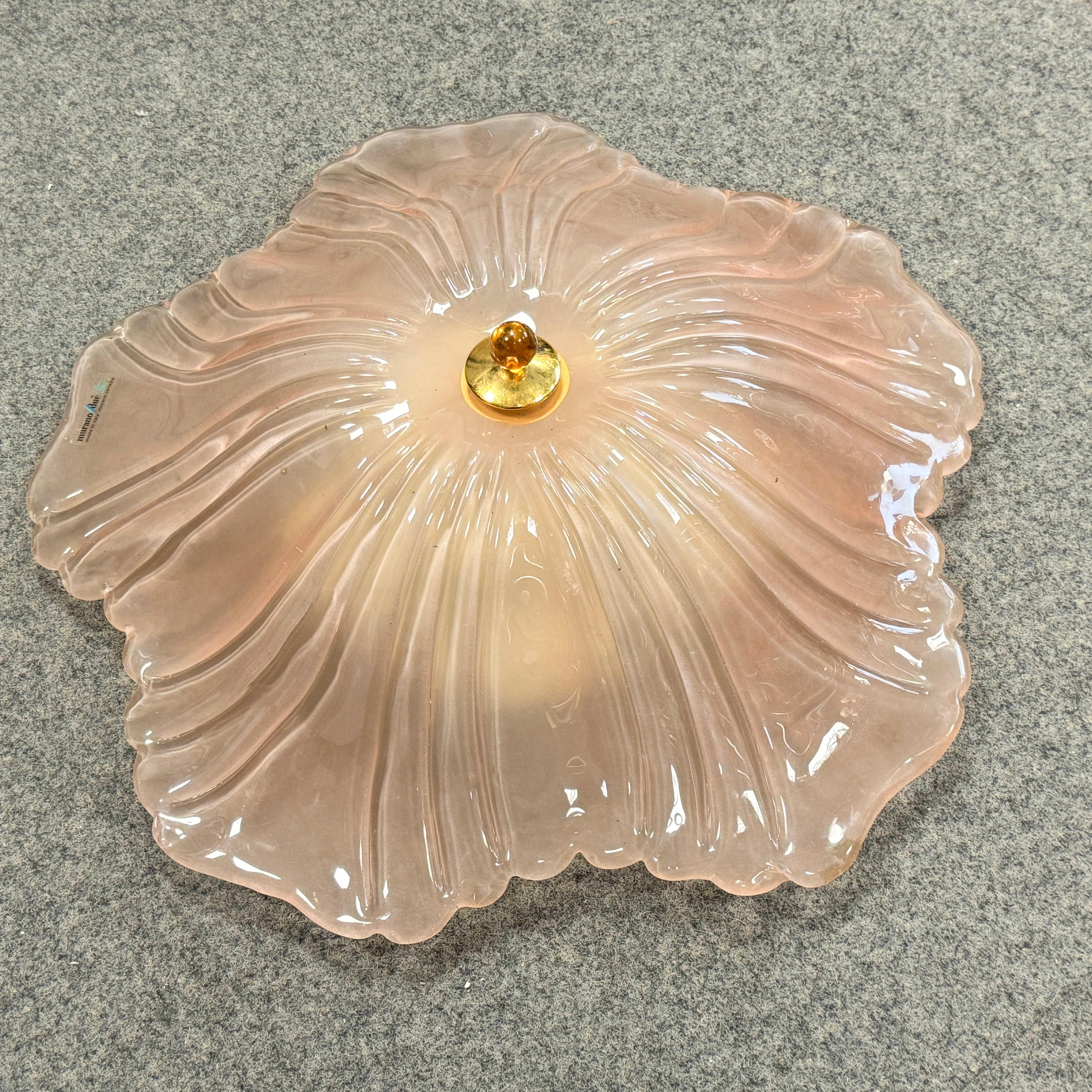 Exceptional Pink Glass and Brass, Flush Mount Murano Due Venice Italy, 1980s 5