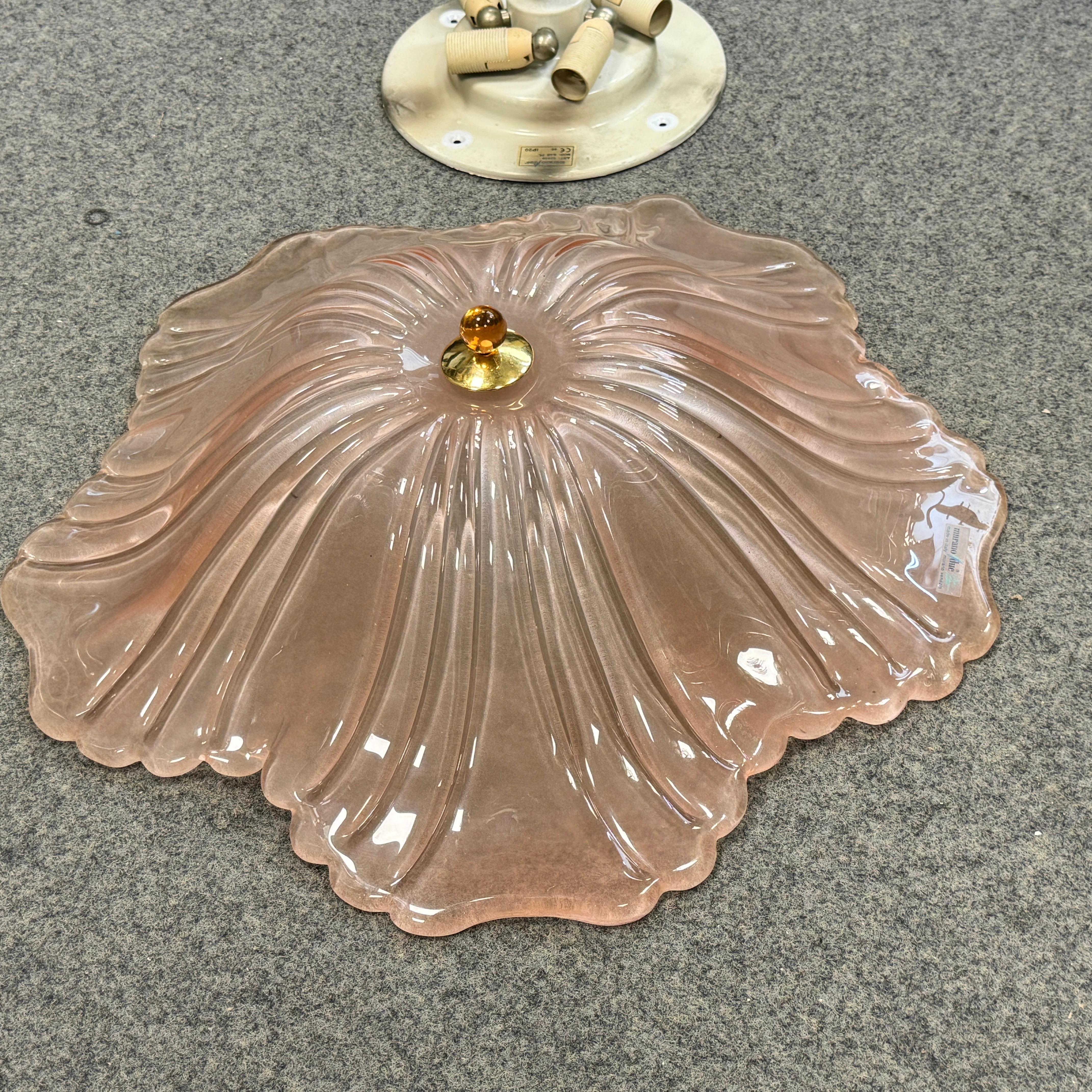 Exceptional Pink Glass and Brass, Flush Mount Murano Due Venice Italy, 1980s 7