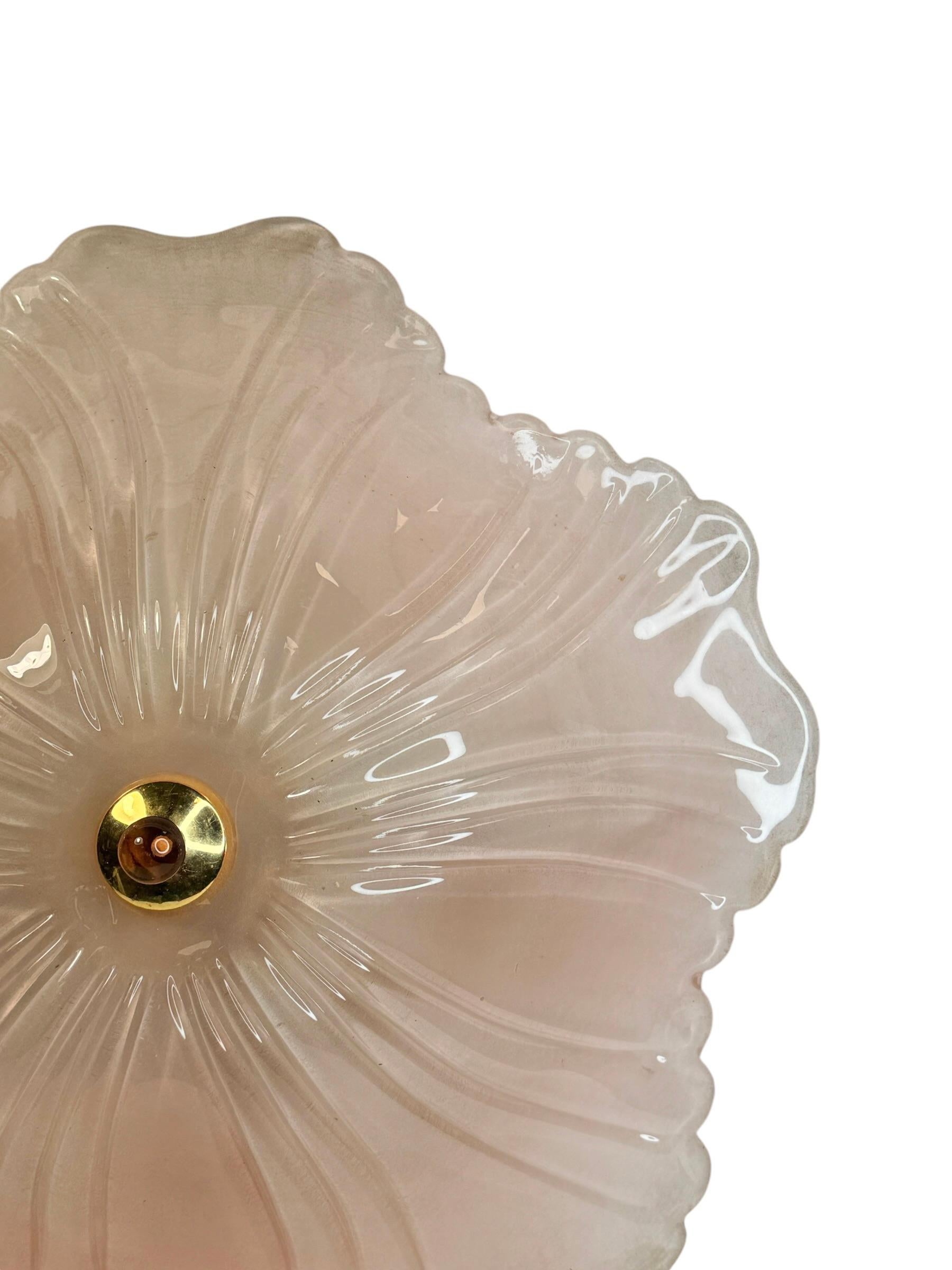 Mid-Century Modern Exceptional pink Glass and Brass, Flush Mount Murano Due Venice Italy, 1980s For Sale