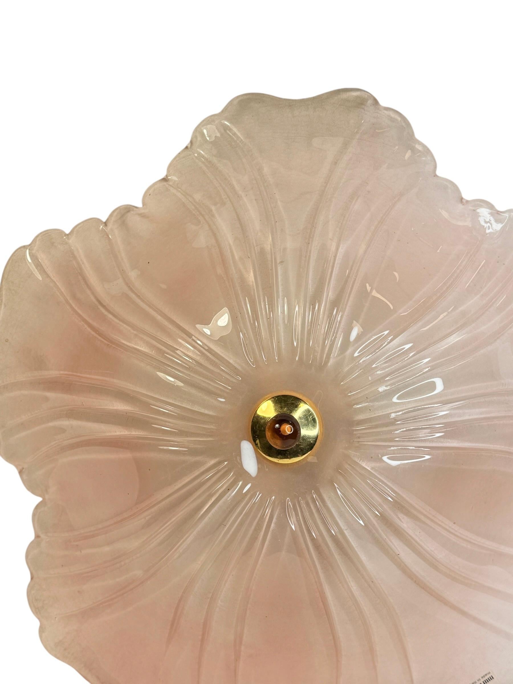 German Exceptional pink Glass and Brass, Flush Mount Murano Due Venice Italy, 1980s For Sale