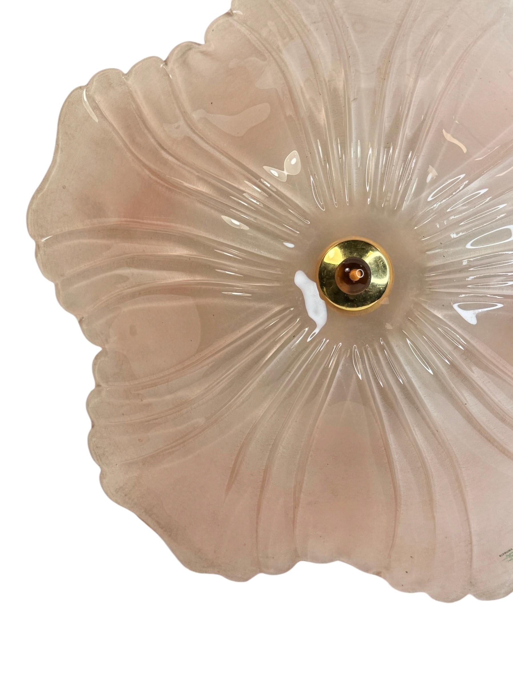 Exceptional pink Glass and Brass, Flush Mount Murano Due Venice Italy, 1980s In Good Condition For Sale In Nuernberg, DE