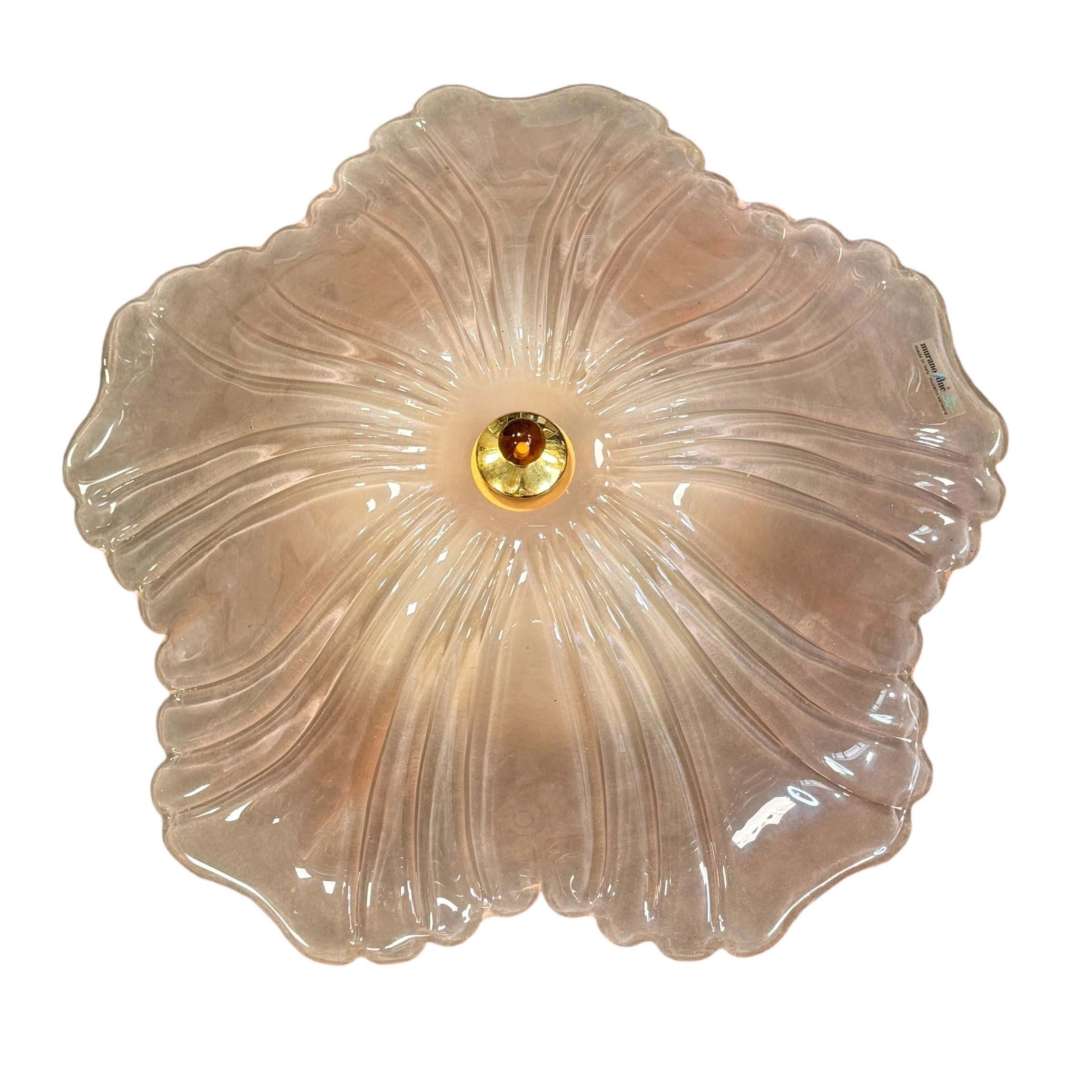 Metal Exceptional pink Glass and Brass, Flush Mount Murano Due Venice Italy, 1980s For Sale